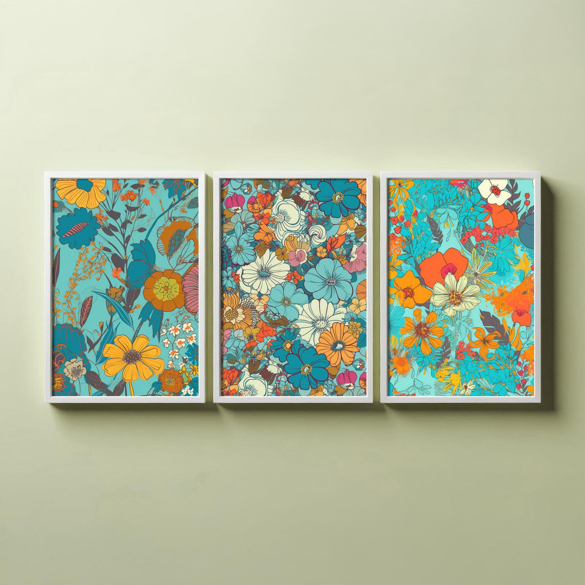 Wild Flowers Set of Three Art Prints - Retro Turquoise and Orange Floral Posters - 70s Daisy Bloom Illustration