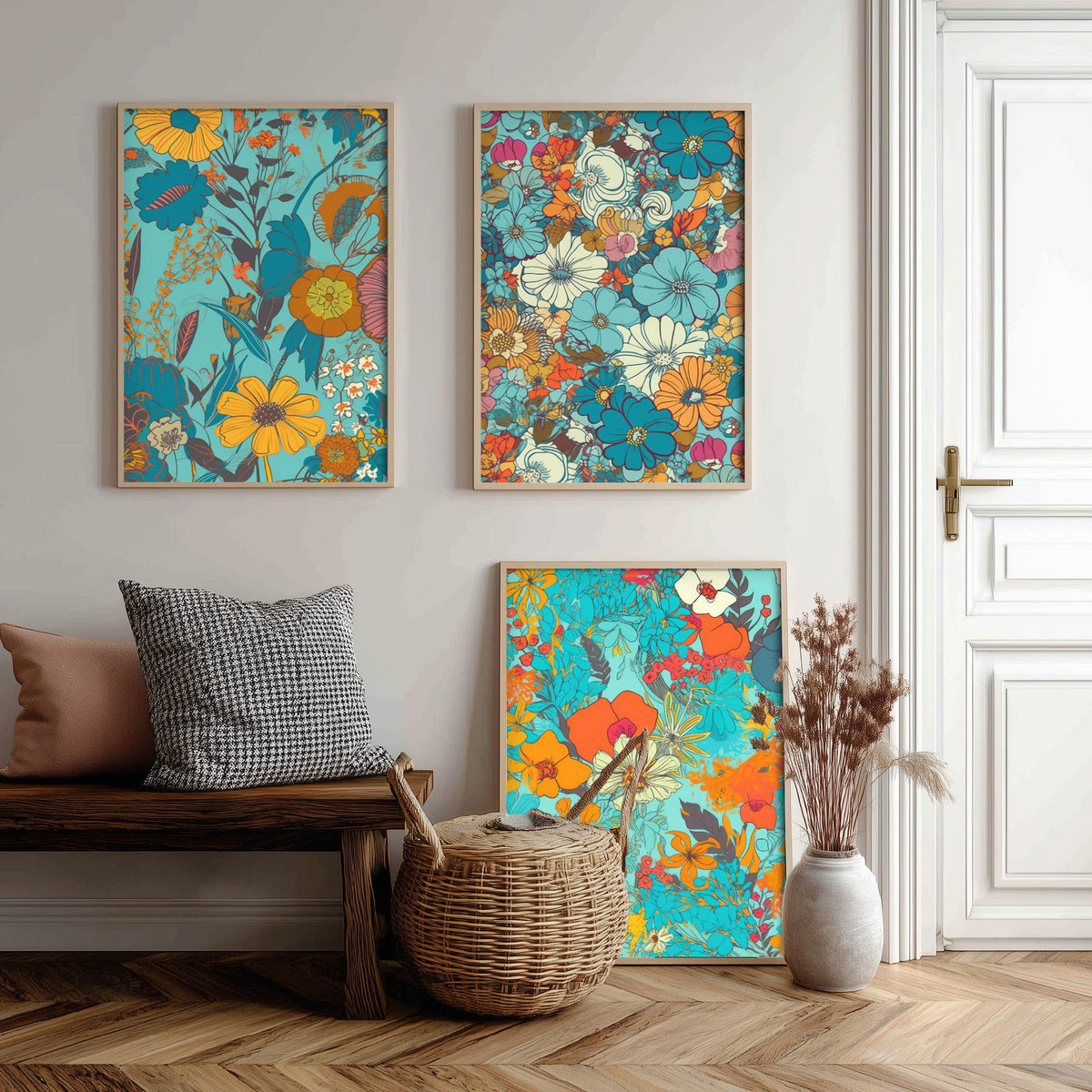 Wild Flowers Set of Three Art Prints - Retro Turquoise and Orange Floral Posters - 70s Daisy Bloom Illustration