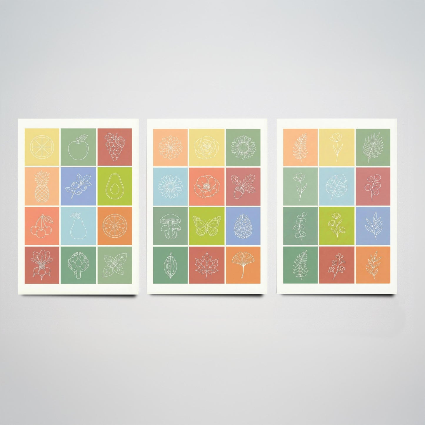 Fruits and Botanical Squares Set of Three Art Prints | Kitchen Illustration Poster