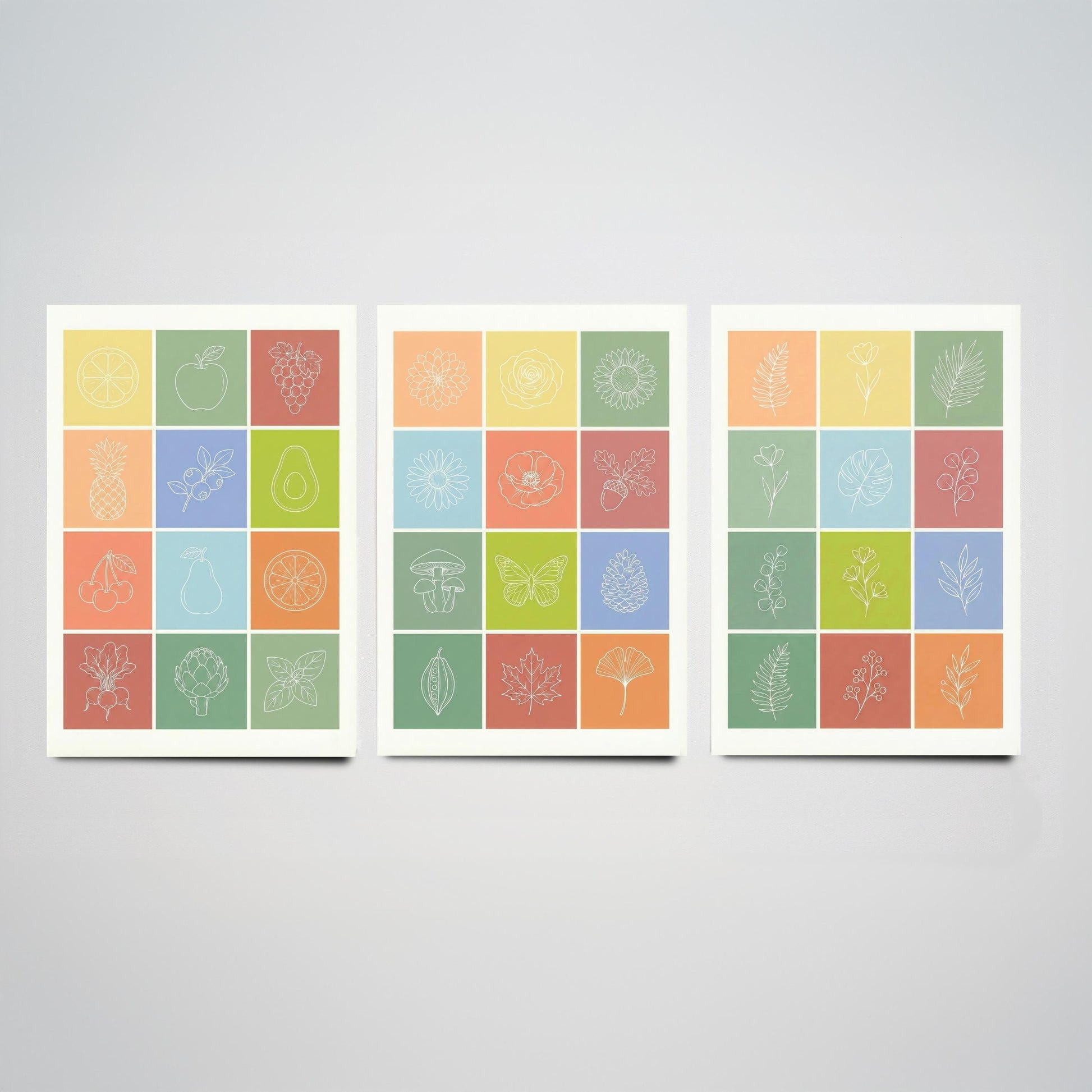 Fruits and Botanical Squares Set of Three Art Prints | Kitchen Illustration Poster