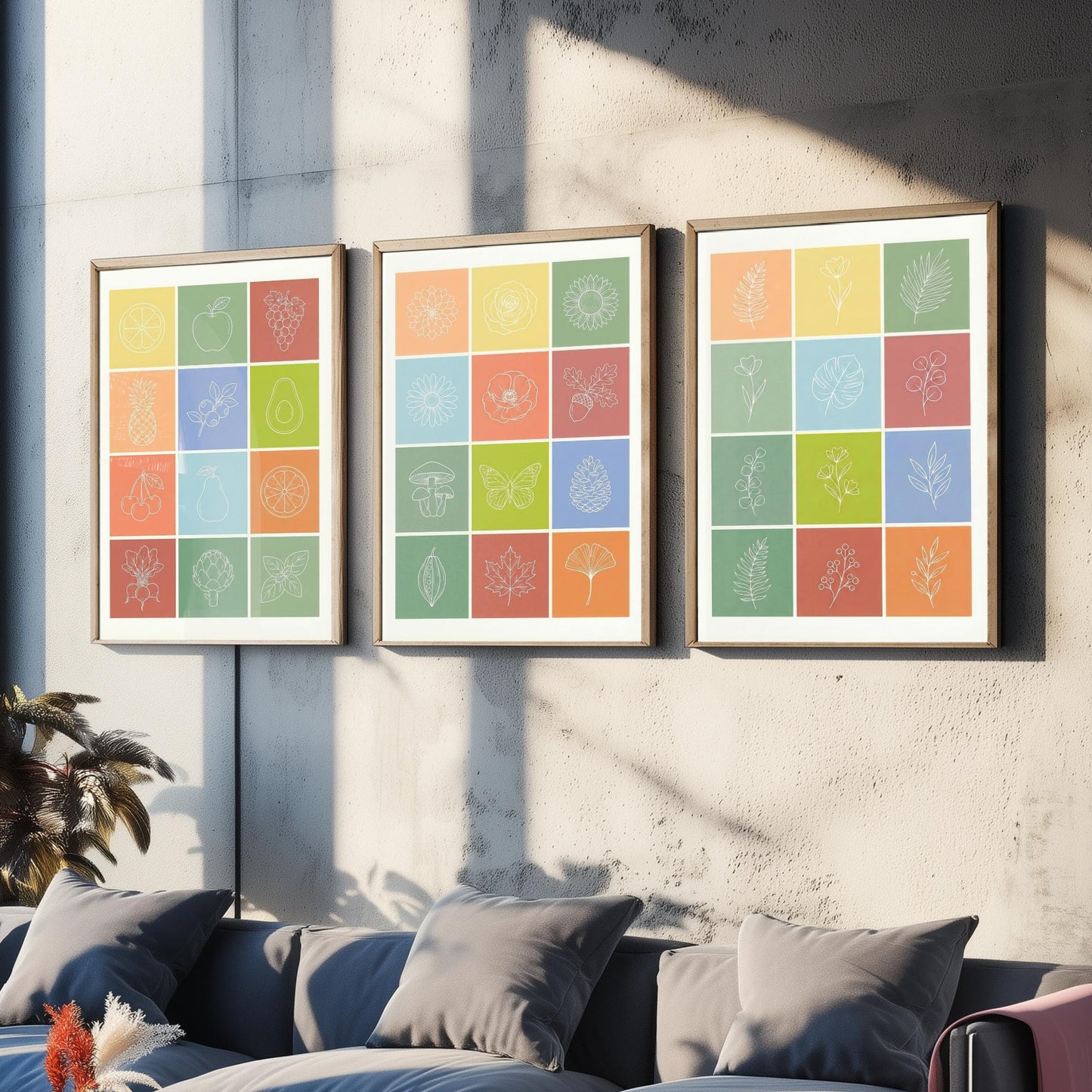 Fruits and Botanical Squares Set of Three Art Prints | Kitchen Illustration Poster
