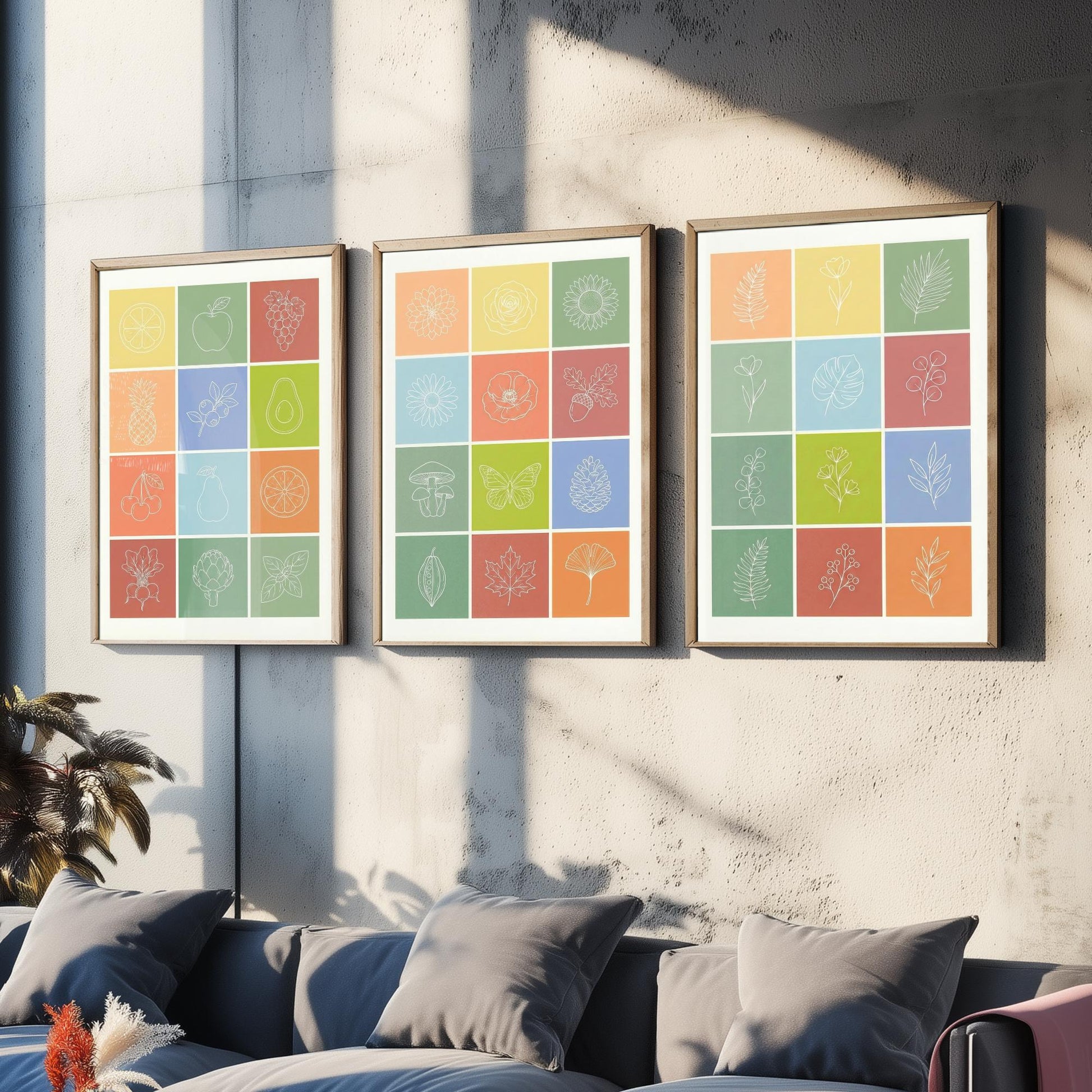 Fruits and Botanical Squares Set of Three Art Prints | Kitchen Illustration Poster