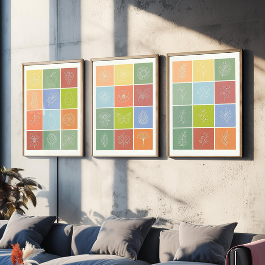 Fruits and Botanical Squares Set of Three Art Prints | Kitchen Illustration Poster
