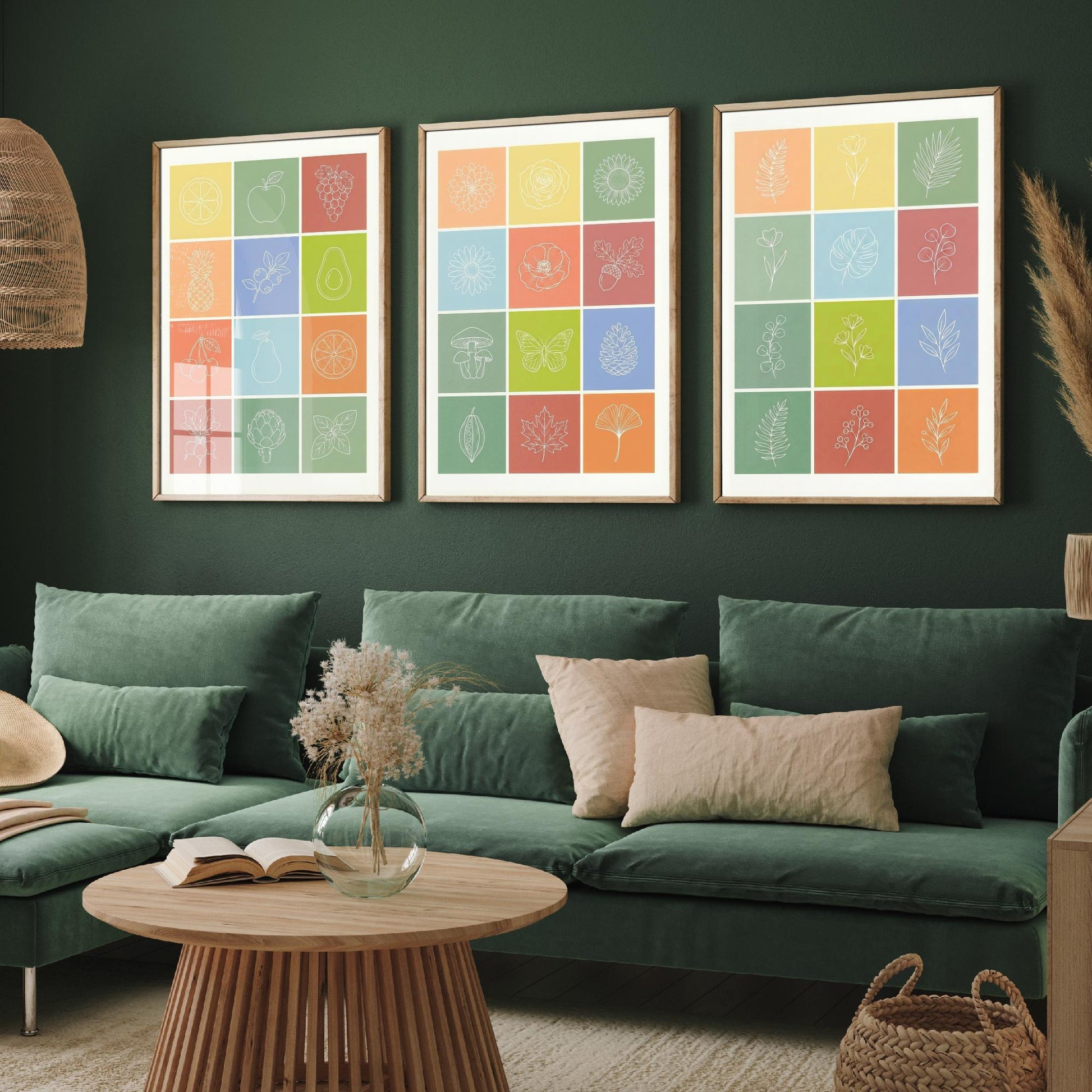 Fruits and Botanical Squares Set of Three Art Prints | Kitchen Illustration Poster