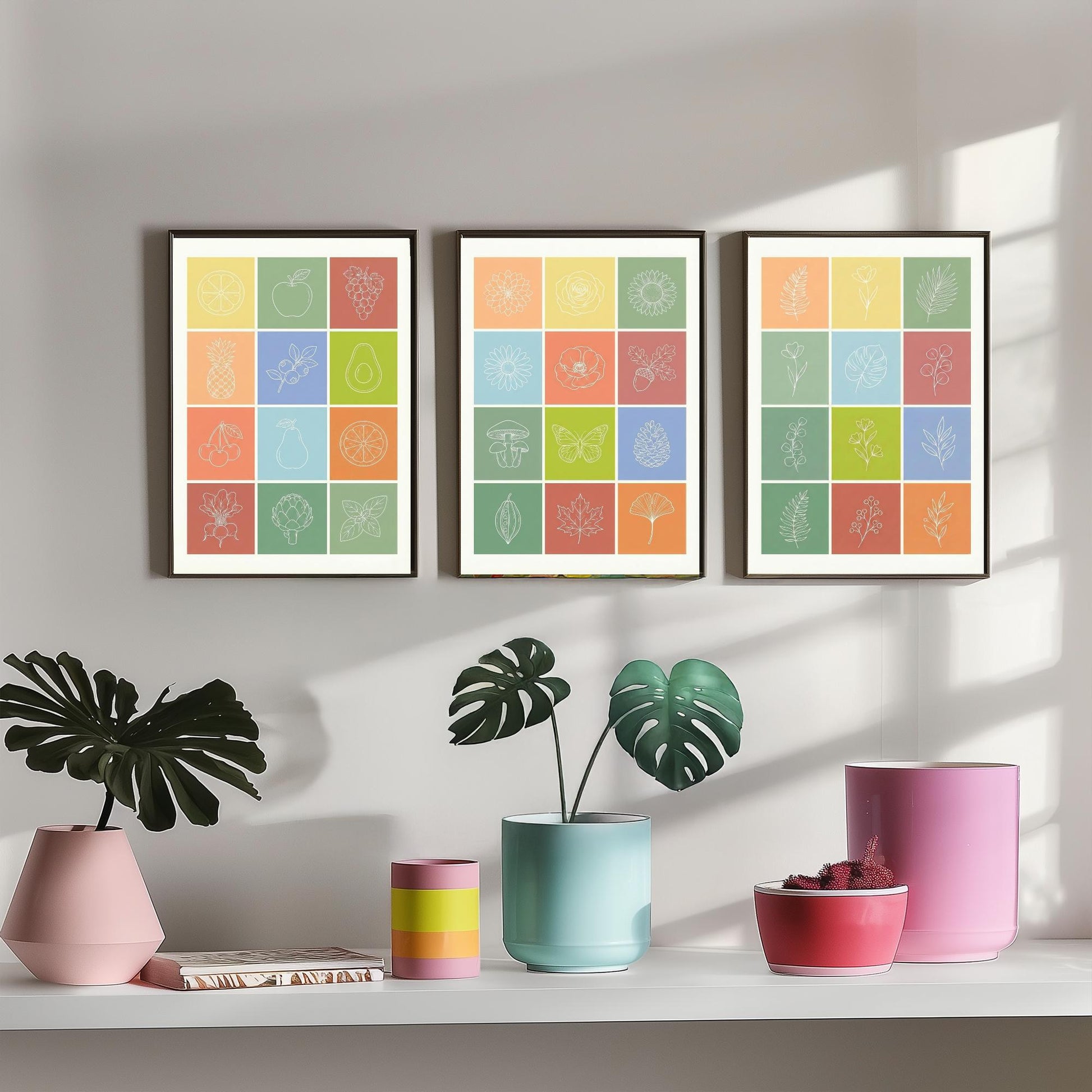 Fruits and Botanical Squares Set of Three Art Prints | Kitchen Illustration Poster