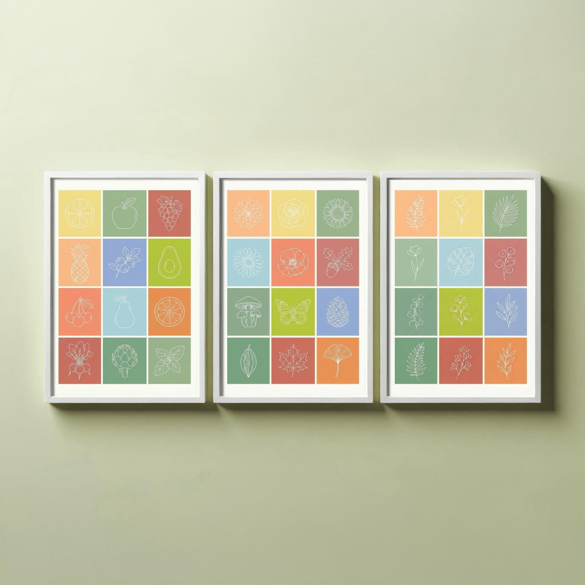 Fruits and Botanical Squares Set of Three Art Prints | Kitchen Illustration Poster