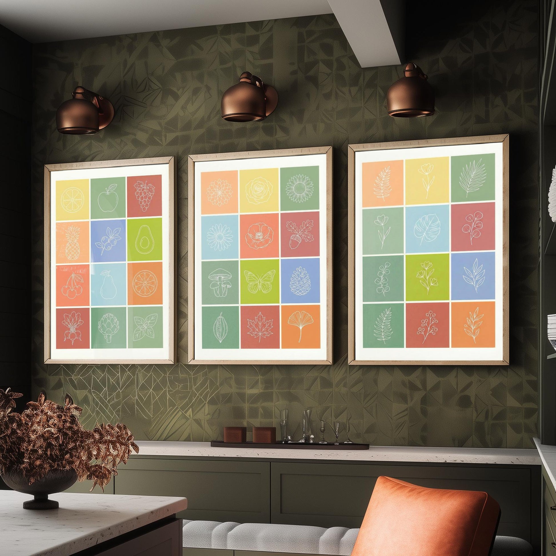 Fruits and Botanical Squares Set of Three Art Prints | Kitchen Illustration Poster