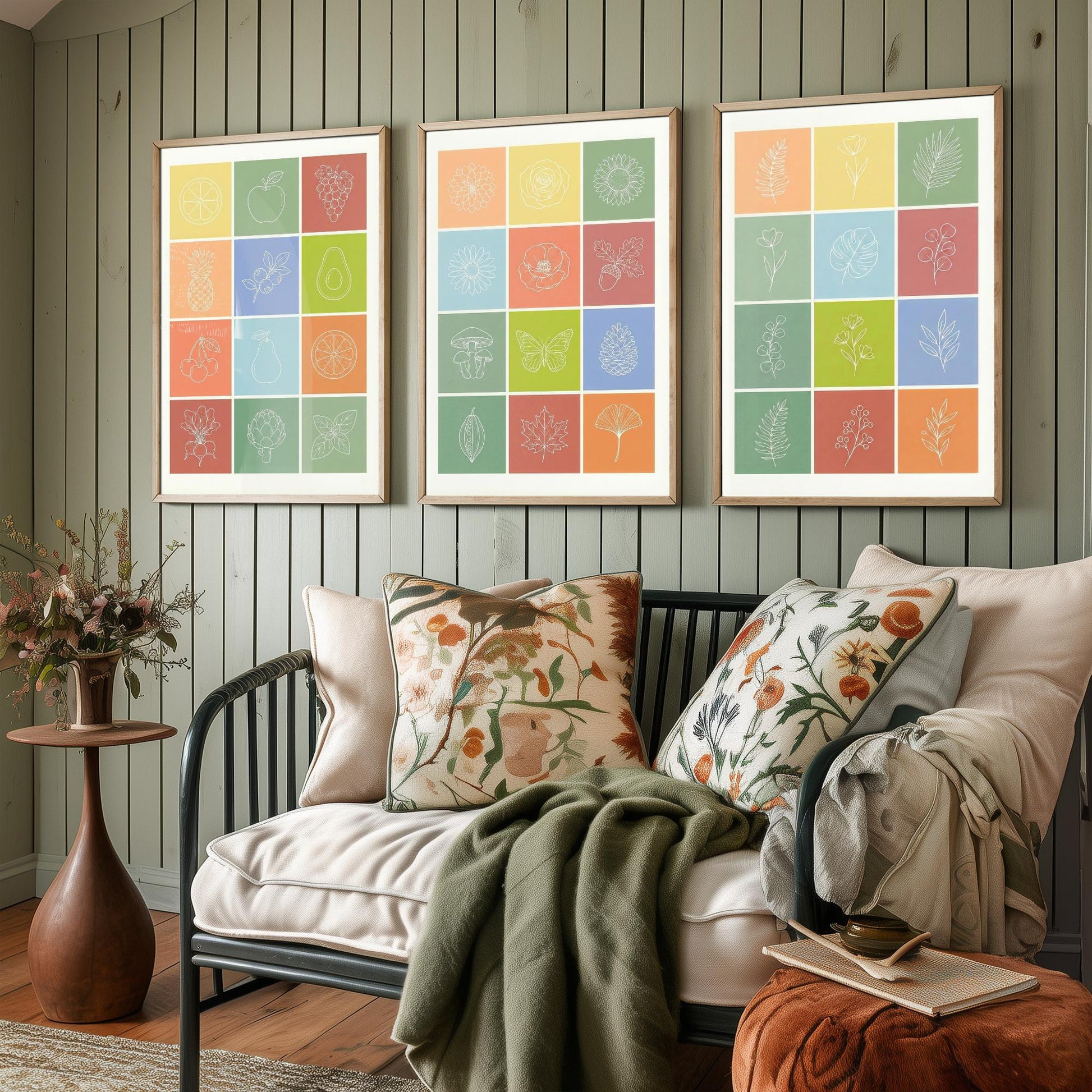 Fruits and Botanical Squares Set of Three Art Prints | Kitchen Illustration Poster