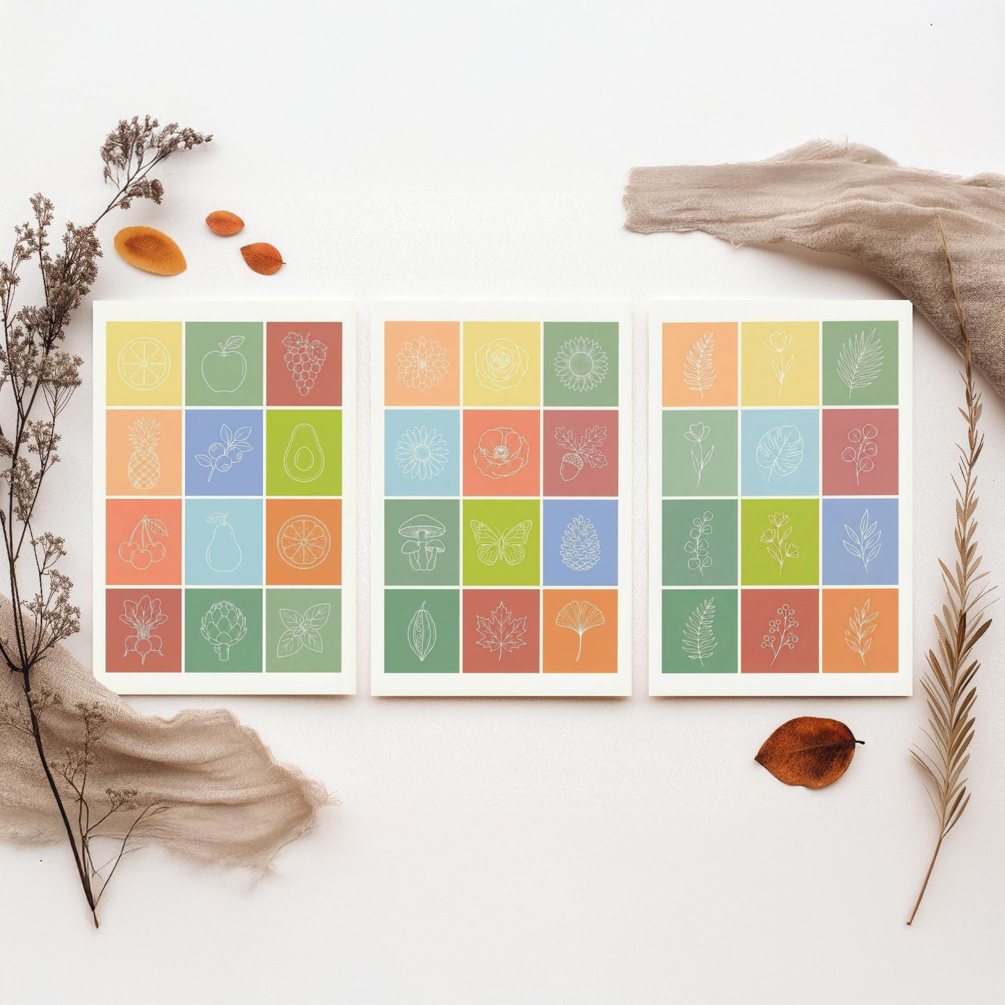 Fruits and Botanical Squares Set of Three Art Prints | Kitchen Illustration Poster