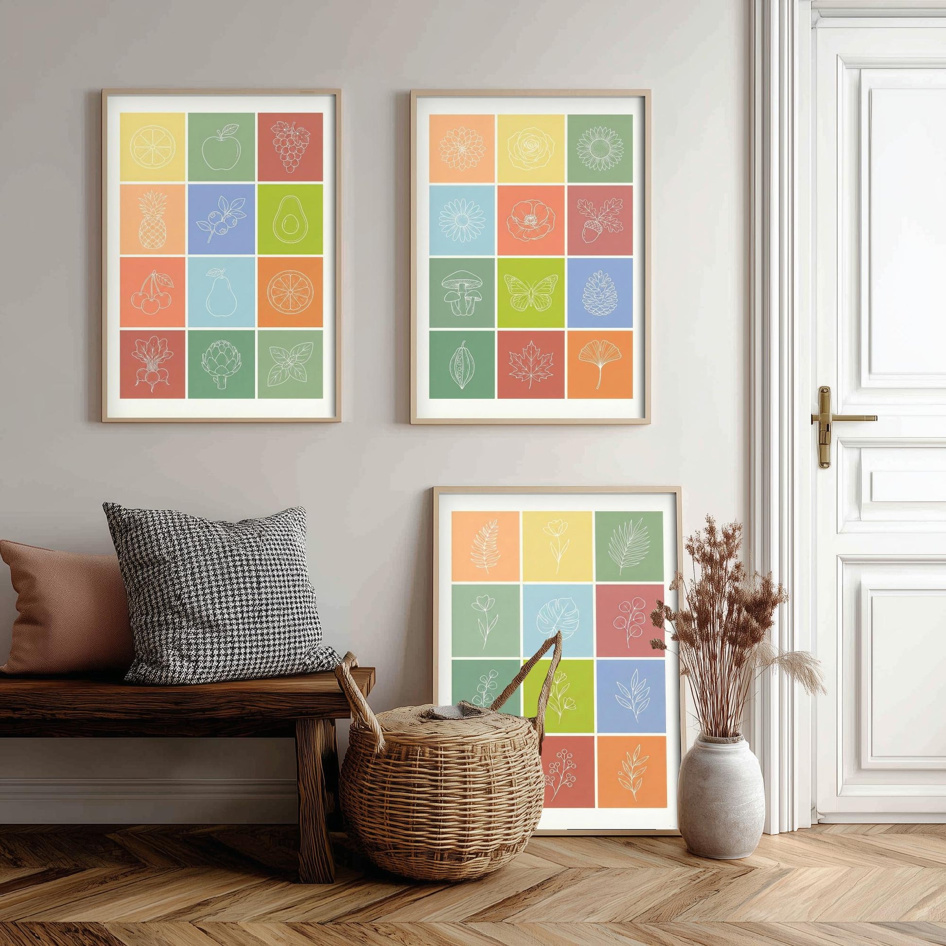 Fruits and Botanical Squares Set of Three Art Prints | Kitchen Illustration Poster