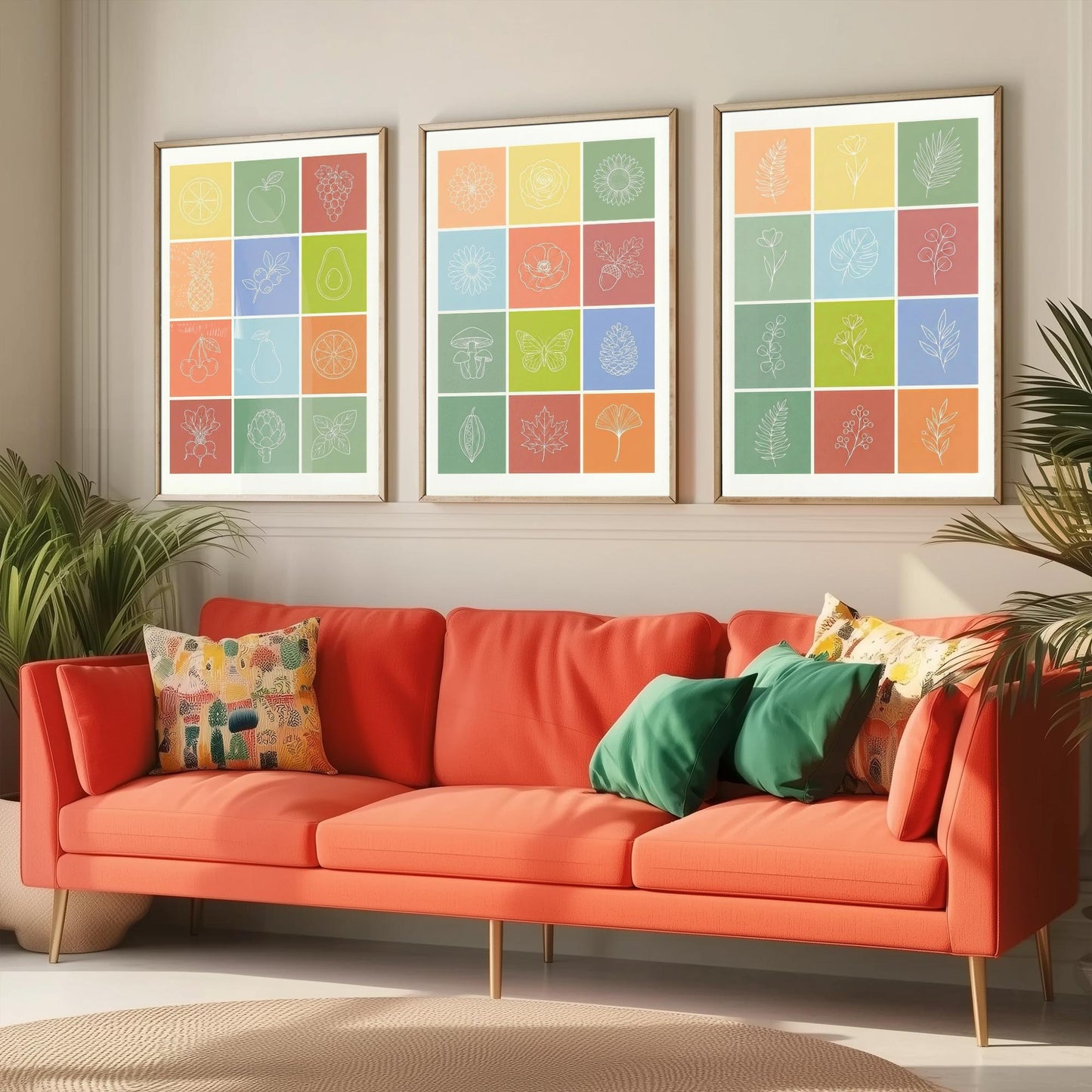 Fruits and Botanical Squares Set of Three Art Prints | Kitchen Illustration Poster