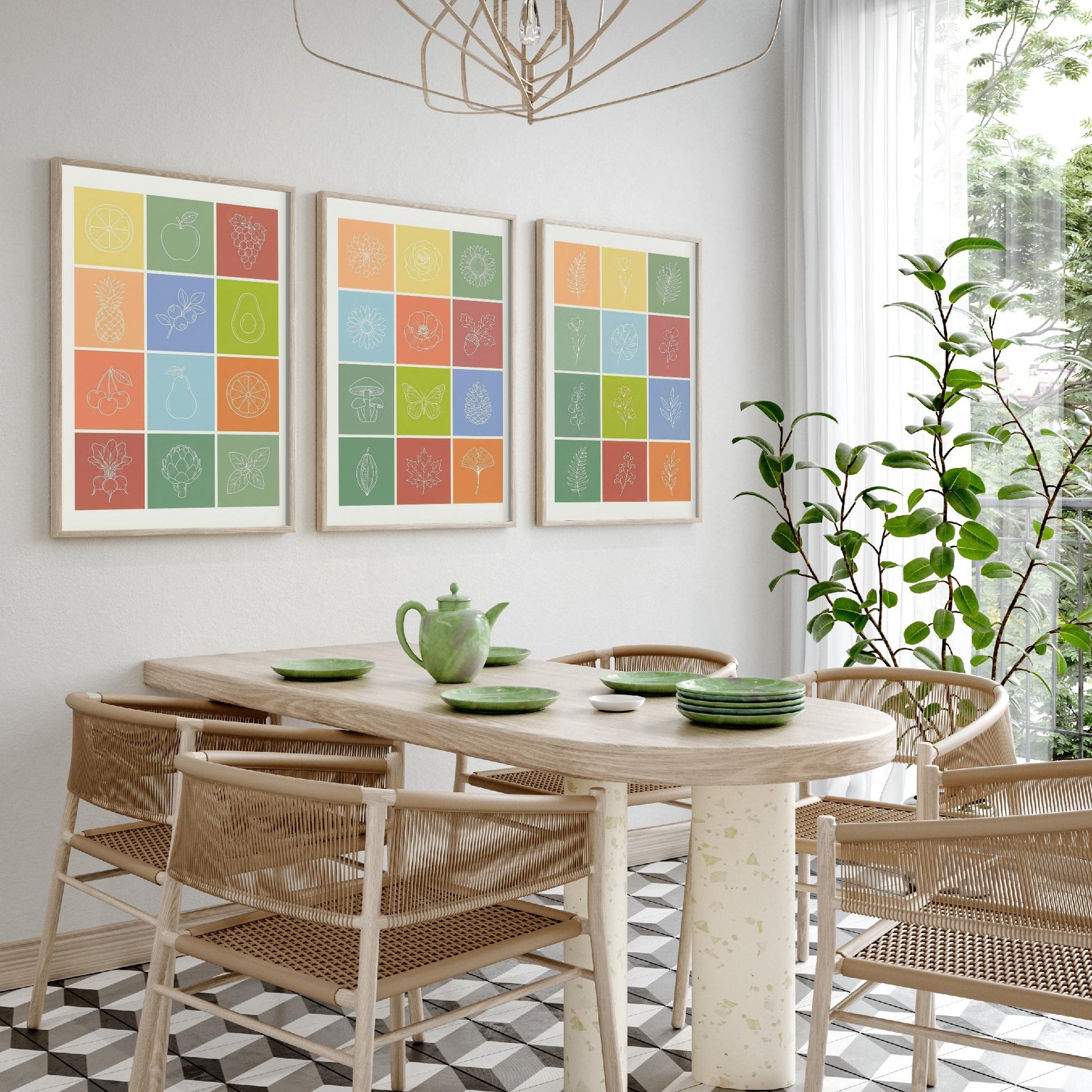Fruits and Botanical Squares Set of Three Art Prints | Kitchen Illustration Poster