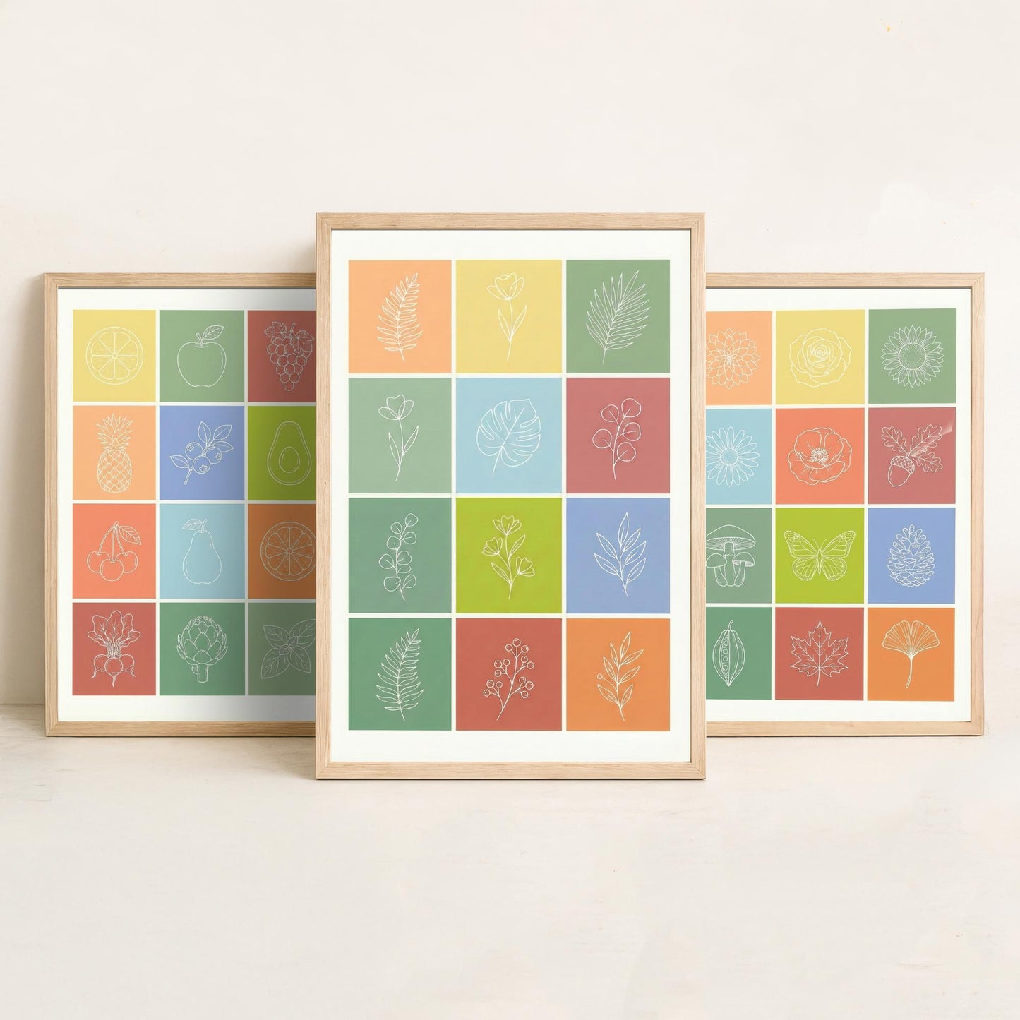 Fruits and Botanical Squares Set of Three Art Prints | Kitchen Illustration Poster
