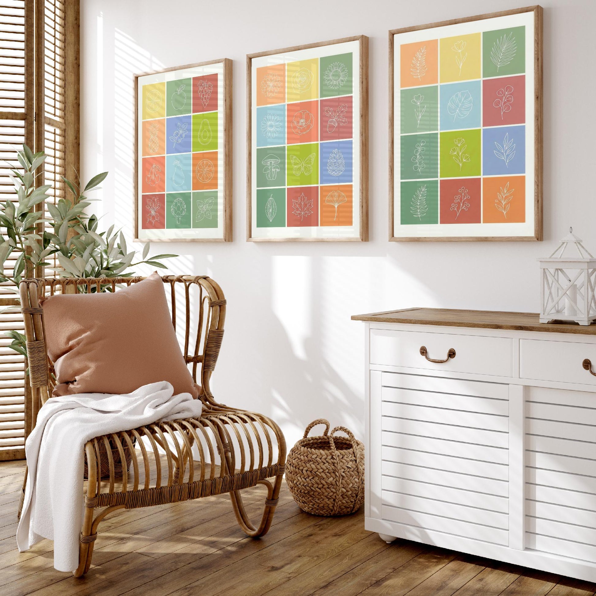 Fruits and Botanical Squares Set of Three Art Prints | Kitchen Illustration Poster