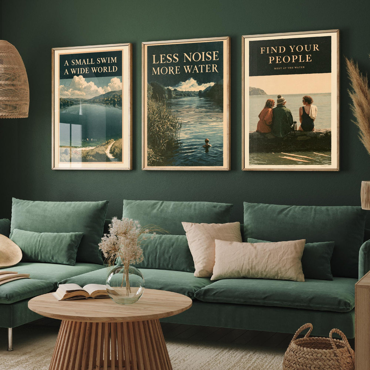 Wild Swimming Set of Three Art Prints - Small Swim Wide World, Less Noise More Water, Find Your People - Amberpress Poster Illustrations V2