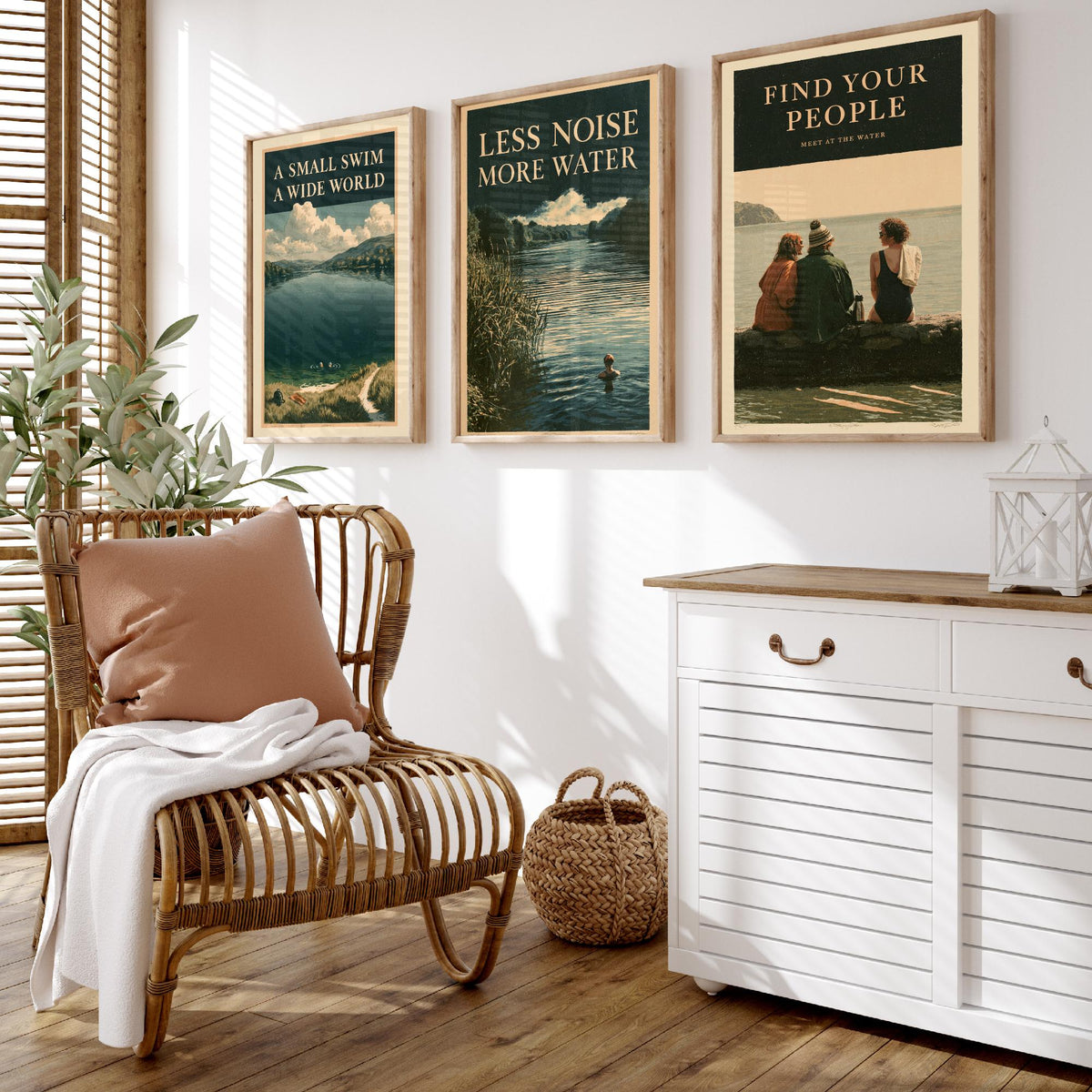 Wild Swimming Set of Three Art Prints - Small Swim Wide World, Less Noise More Water, Find Your People - Amberpress Poster Illustrations V2