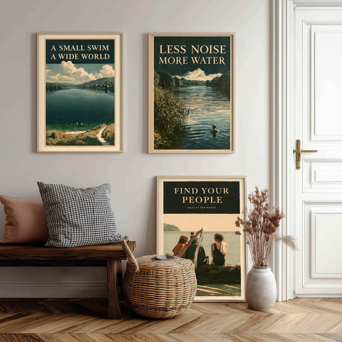 Wild Swimming Set of Three Art Prints - Small Swim Wide World, Less Noise More Water, Find Your People - Amberpress Poster Illustrations V2