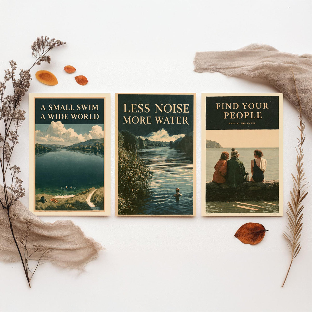 Wild Swimming Set of Three Art Prints - Small Swim Wide World, Less Noise More Water, Find Your People - Amberpress Poster Illustrations V2