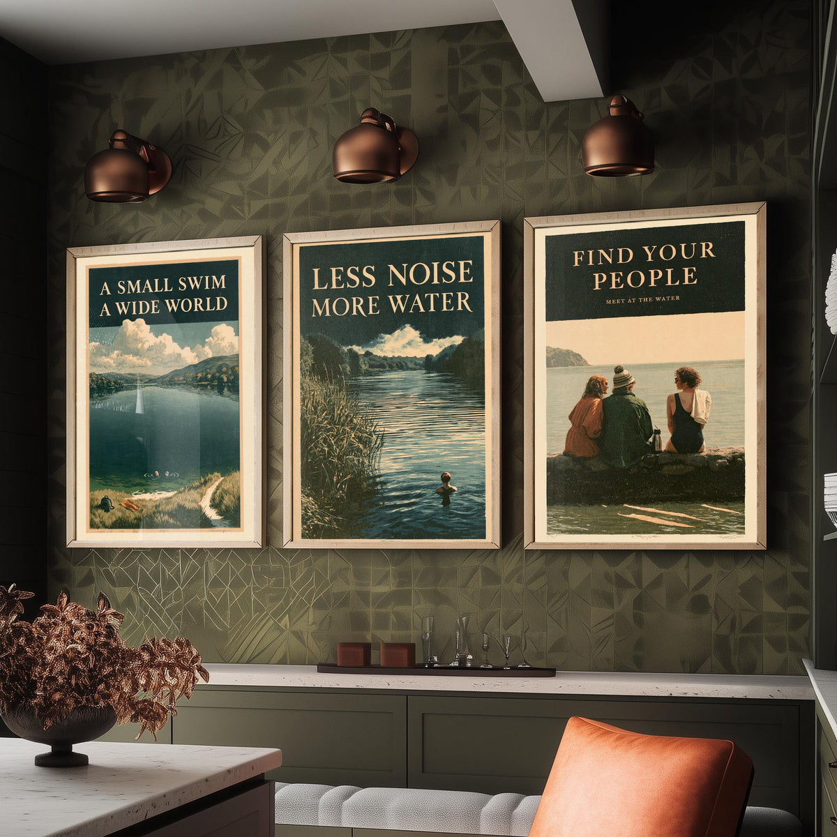 Wild Swimming Set of Three Art Prints - Small Swim Wide World, Less Noise More Water, Find Your People - Amberpress Poster Illustrations V2