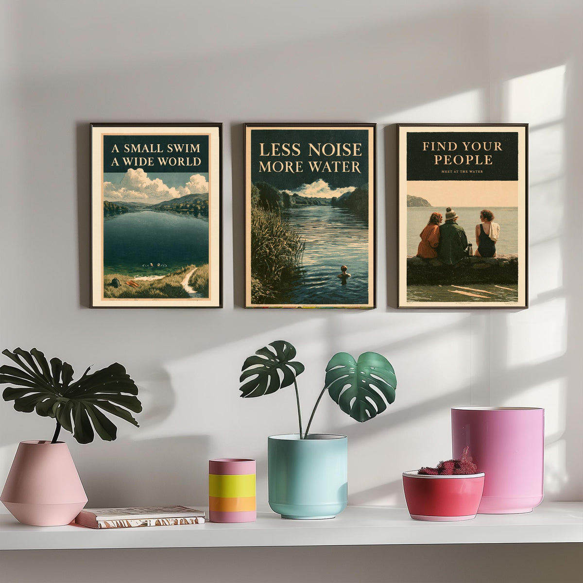 Wild Swimming Set of Three Art Prints - Small Swim Wide World, Less Noise More Water, Find Your People - Amberpress Poster Illustrations V2
