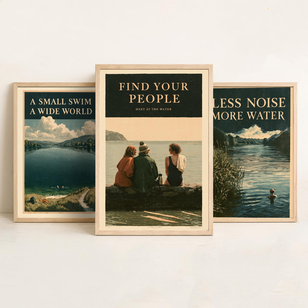 Wild Swimming Set of Three Art Prints - Small Swim Wide World, Less Noise More Water, Find Your People - Amberpress Poster Illustrations V2