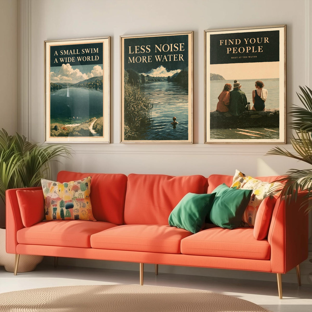 Wild Swimming Set of Three Art Prints - Small Swim Wide World, Less Noise More Water, Find Your People - Amberpress Poster Illustrations V2