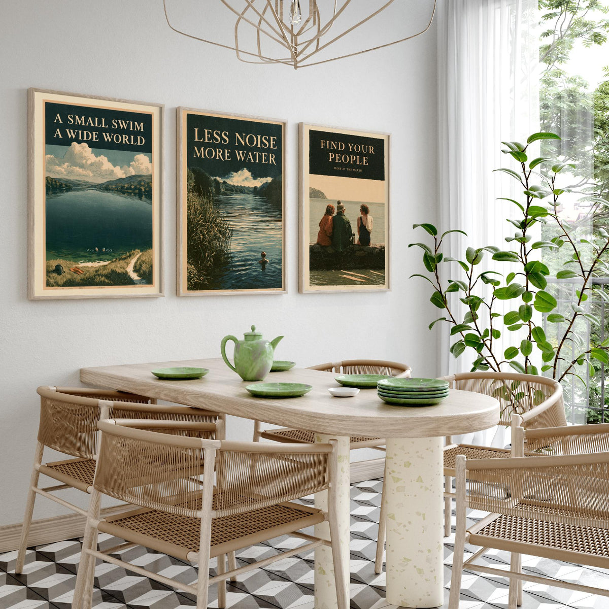 Wild Swimming Set of Three Art Prints - Small Swim Wide World, Less Noise More Water, Find Your People - Amberpress Poster Illustrations V2