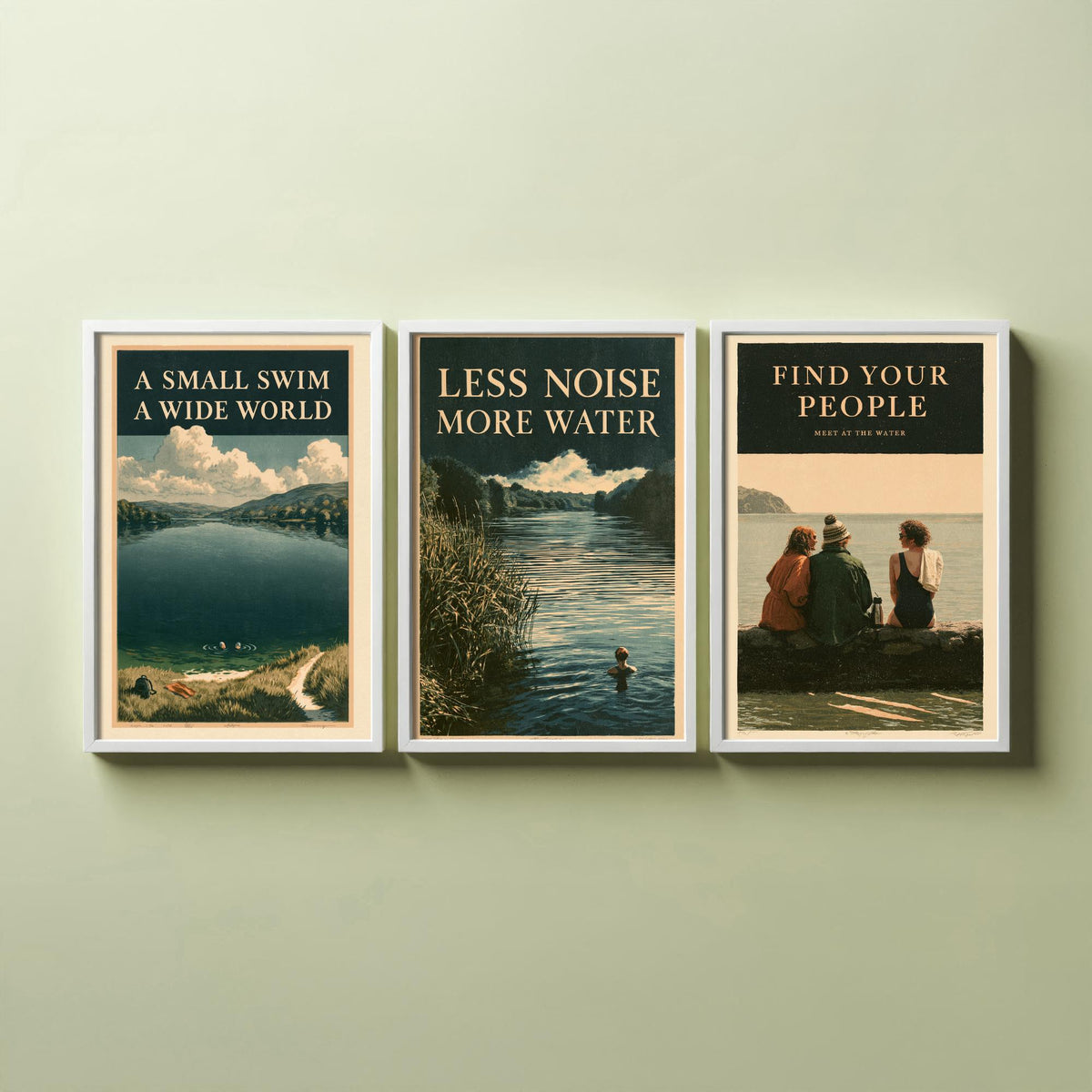 Wild Swimming Set of Three Art Prints - Small Swim Wide World, Less Noise More Water, Find Your People - Amberpress Poster Illustrations V2