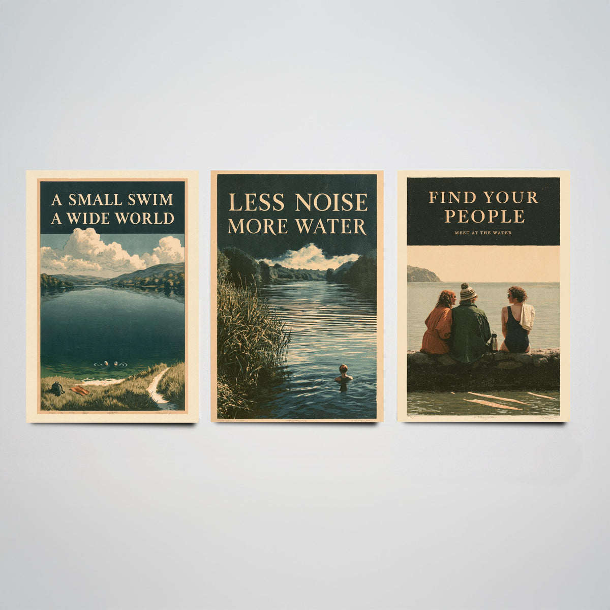 Wild Swimming Set of Three Art Prints - Small Swim Wide World, Less Noise More Water, Find Your People - Amberpress Poster Illustrations V2
