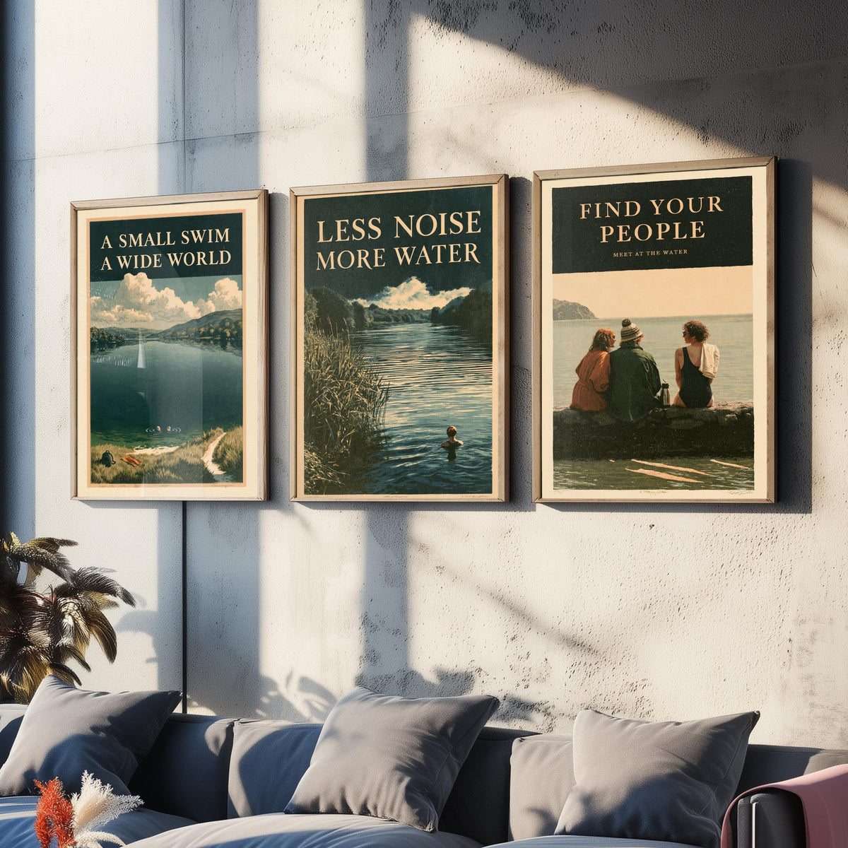 Wild Swimming Set of Three Art Prints - Small Swim Wide World, Less Noise More Water, Find Your People - Amberpress Poster Illustrations V2