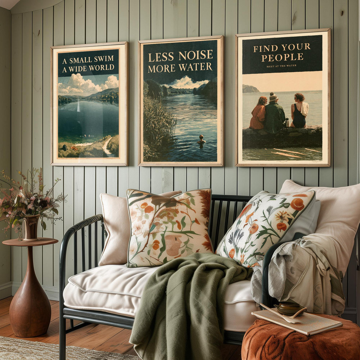 Wild Swimming Set of Three Art Prints - Small Swim Wide World, Less Noise More Water, Find Your People - Amberpress Poster Illustrations V2