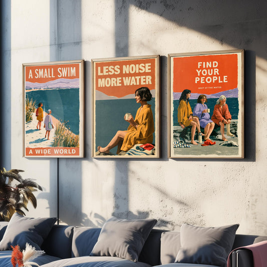 Wild Swimming Set of Three Art Prints - Small Swim Wide World, Less Noise More Water, Find Your People - Coralcut Poster Illustrations V2