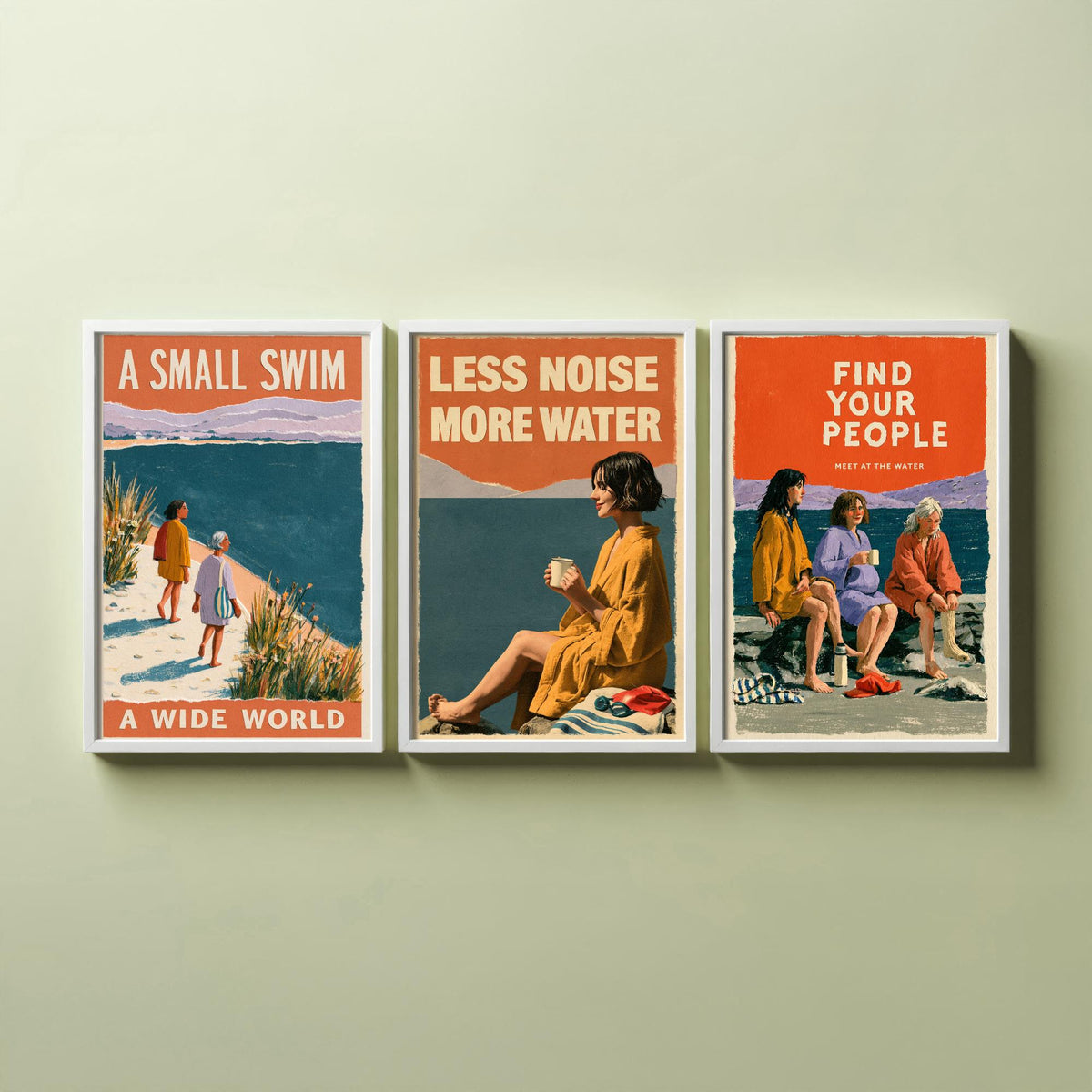Wild Swimming Set of Three Art Prints - Small Swim Wide World, Less Noise More Water, Find Your People - Coralcut Poster Illustrations V2