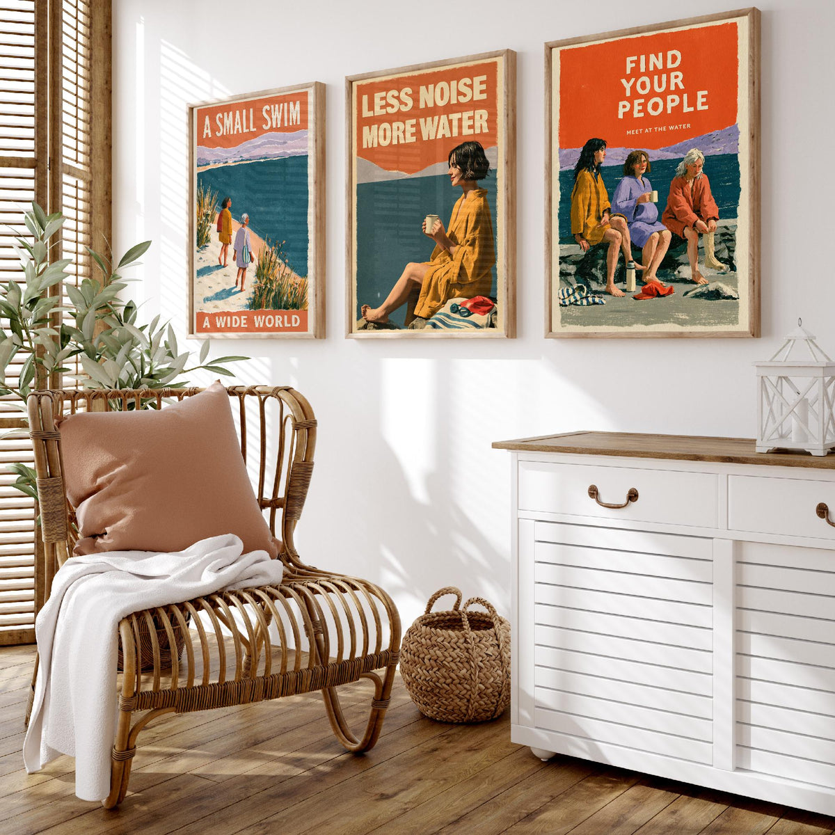 Wild Swimming Set of Three Art Prints - Small Swim Wide World, Less Noise More Water, Find Your People - Coralcut Poster Illustrations V2