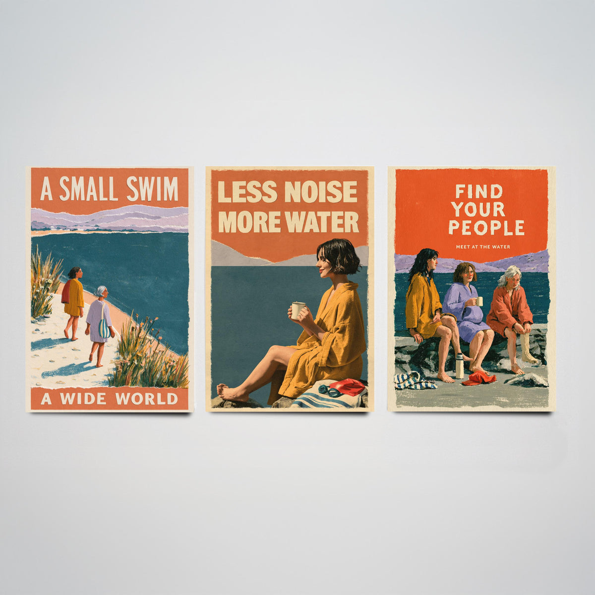 Wild Swimming Set of Three Art Prints - Small Swim Wide World, Less Noise More Water, Find Your People - Coralcut Poster Illustrations V2