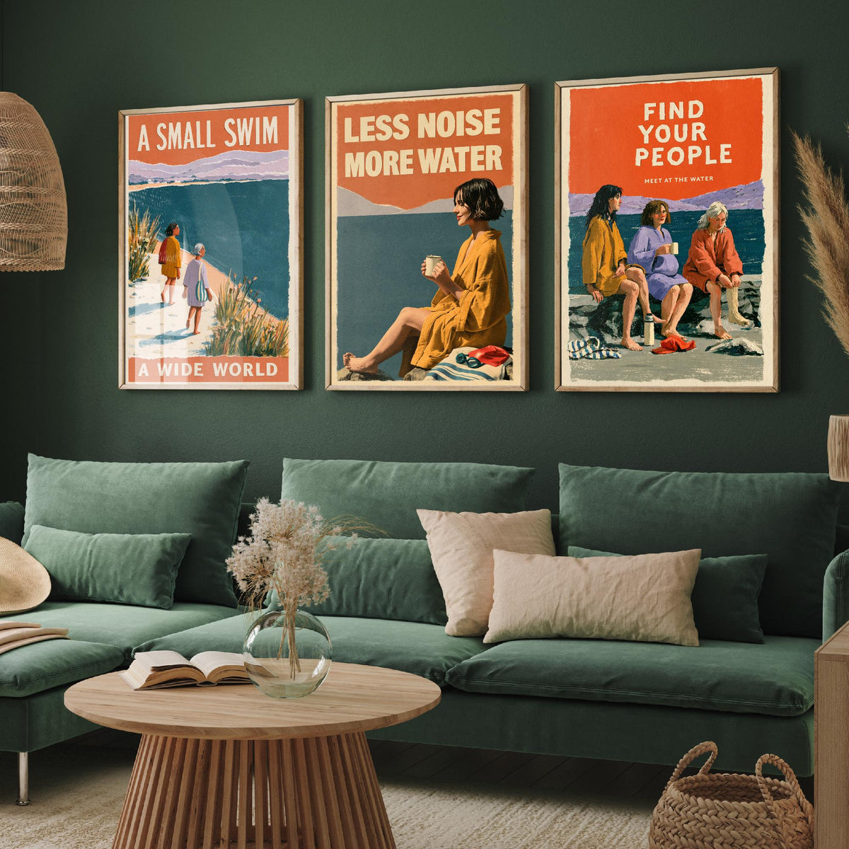 Wild Swimming Set of Three Art Prints - Small Swim Wide World, Less Noise More Water, Find Your People - Coralcut Poster Illustrations V2