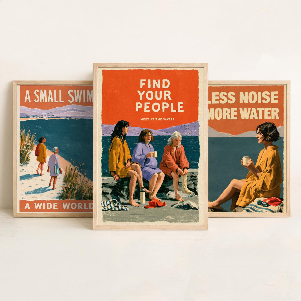 Wild Swimming Set of Three Art Prints - Small Swim Wide World, Less Noise More Water, Find Your People - Coralcut Poster Illustrations V2