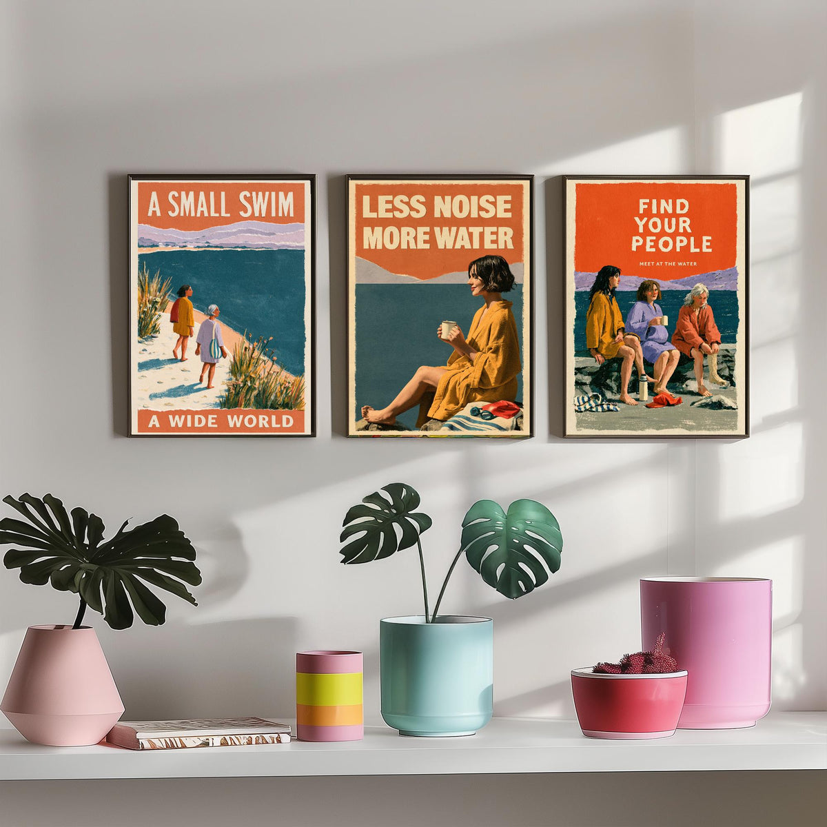 Wild Swimming Set of Three Art Prints - Small Swim Wide World, Less Noise More Water, Find Your People - Coralcut Poster Illustrations V2