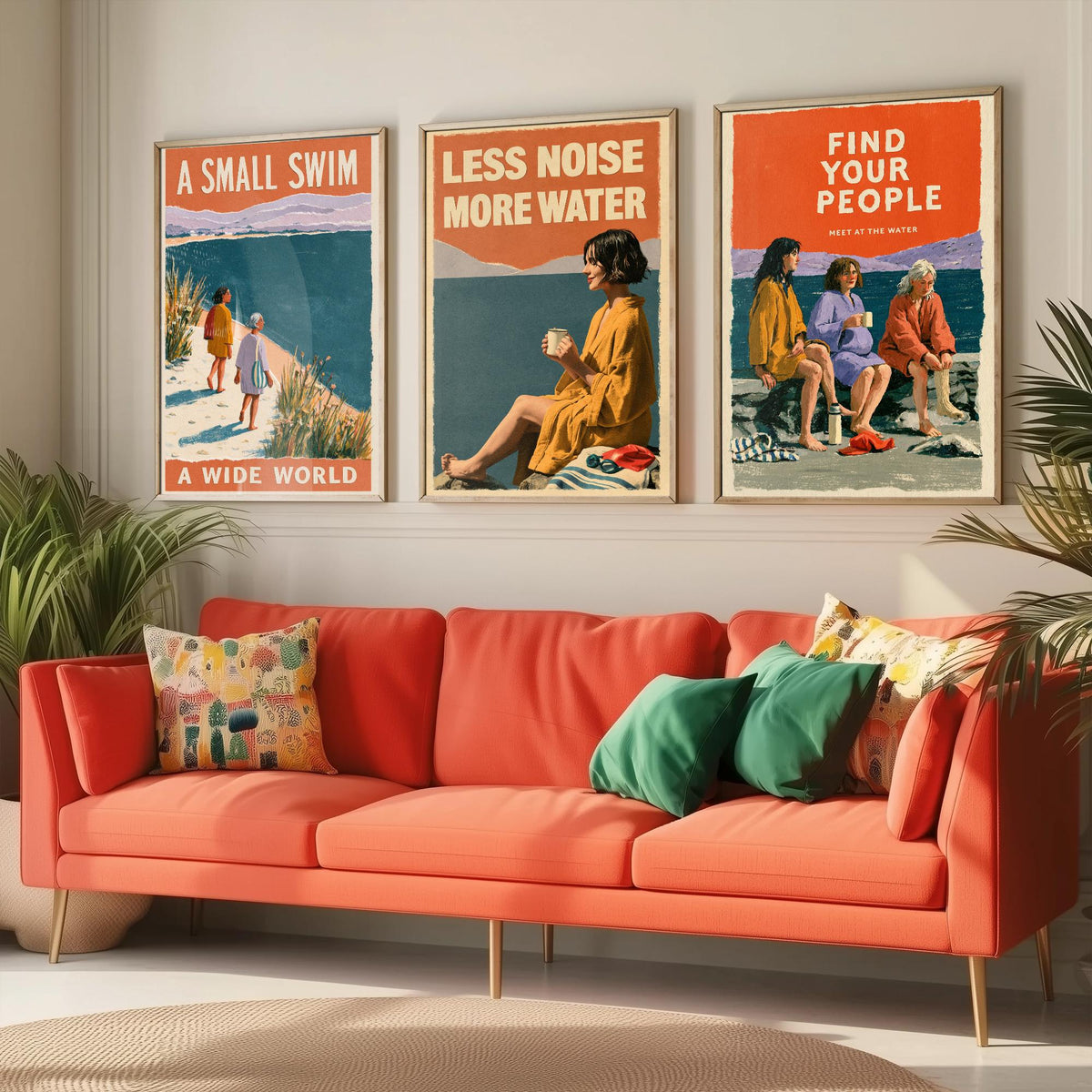 Wild Swimming Set of Three Art Prints - Small Swim Wide World, Less Noise More Water, Find Your People - Coralcut Poster Illustrations V2