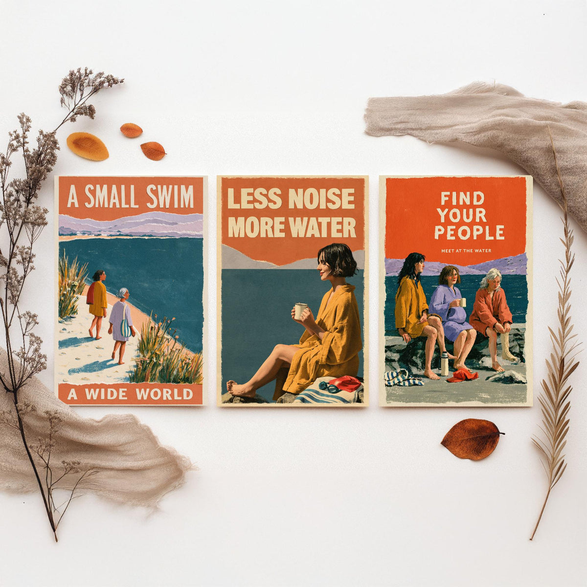 Wild Swimming Set of Three Art Prints - Small Swim Wide World, Less Noise More Water, Find Your People - Coralcut Poster Illustrations V2