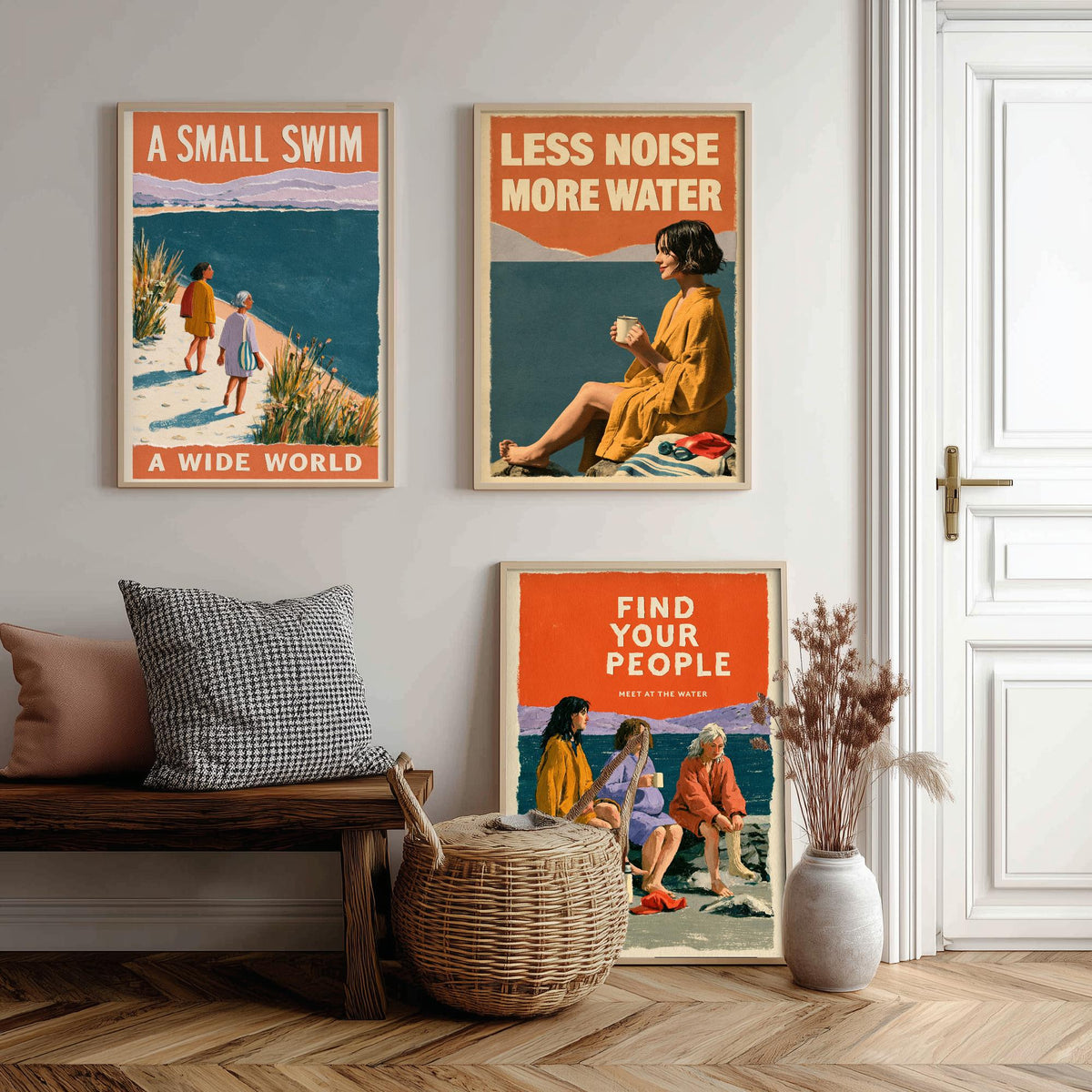 Wild Swimming Set of Three Art Prints - Small Swim Wide World, Less Noise More Water, Find Your People - Coralcut Poster Illustrations V2
