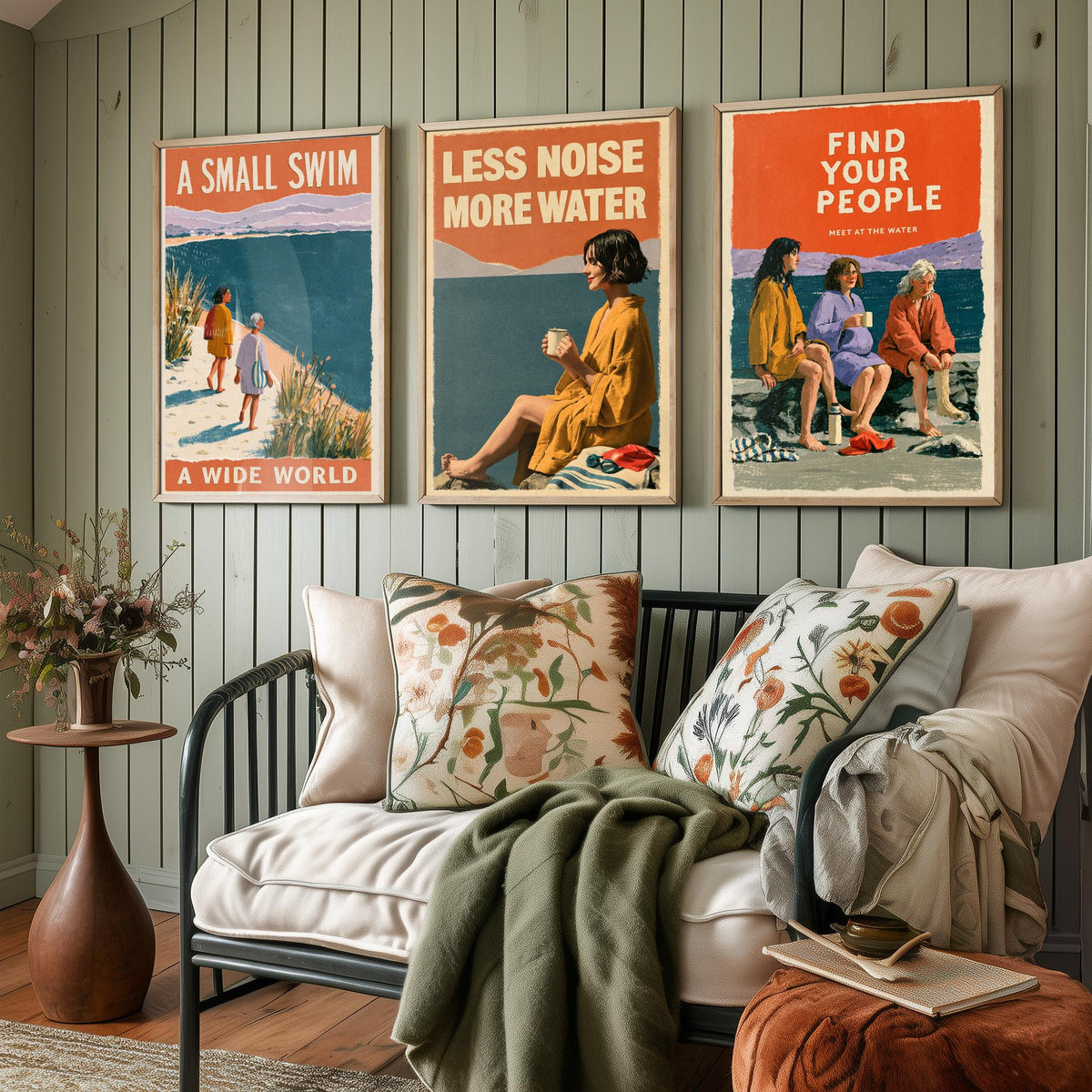 Wild Swimming Set of Three Art Prints - Small Swim Wide World, Less Noise More Water, Find Your People - Coralcut Poster Illustrations V2