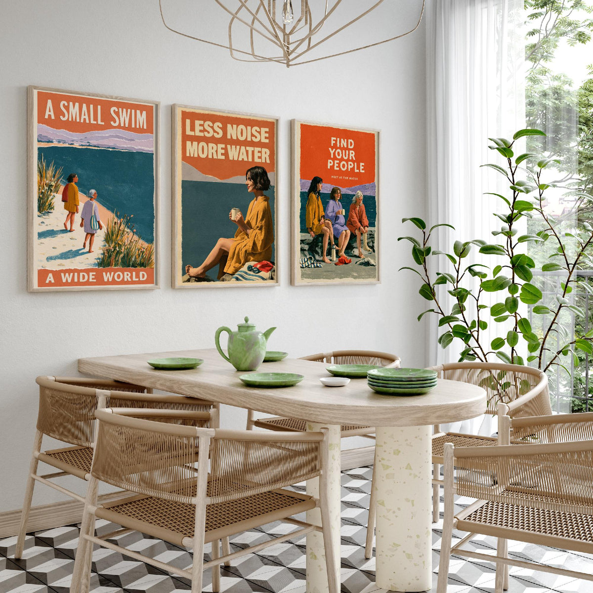 Wild Swimming Set of Three Art Prints - Small Swim Wide World, Less Noise More Water, Find Your People - Coralcut Poster Illustrations V2