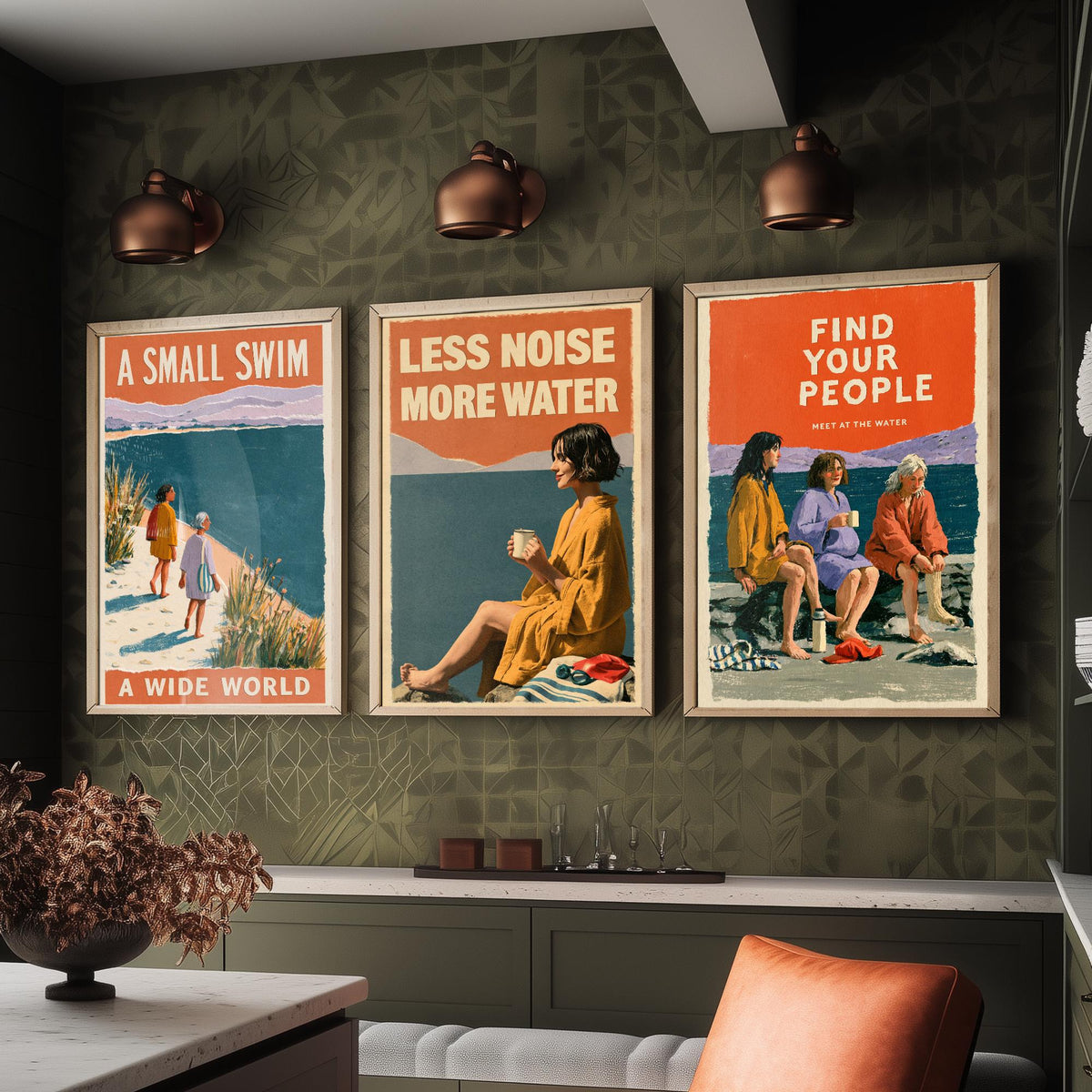 Wild Swimming Set of Three Art Prints - Small Swim Wide World, Less Noise More Water, Find Your People - Coralcut Poster Illustrations V2