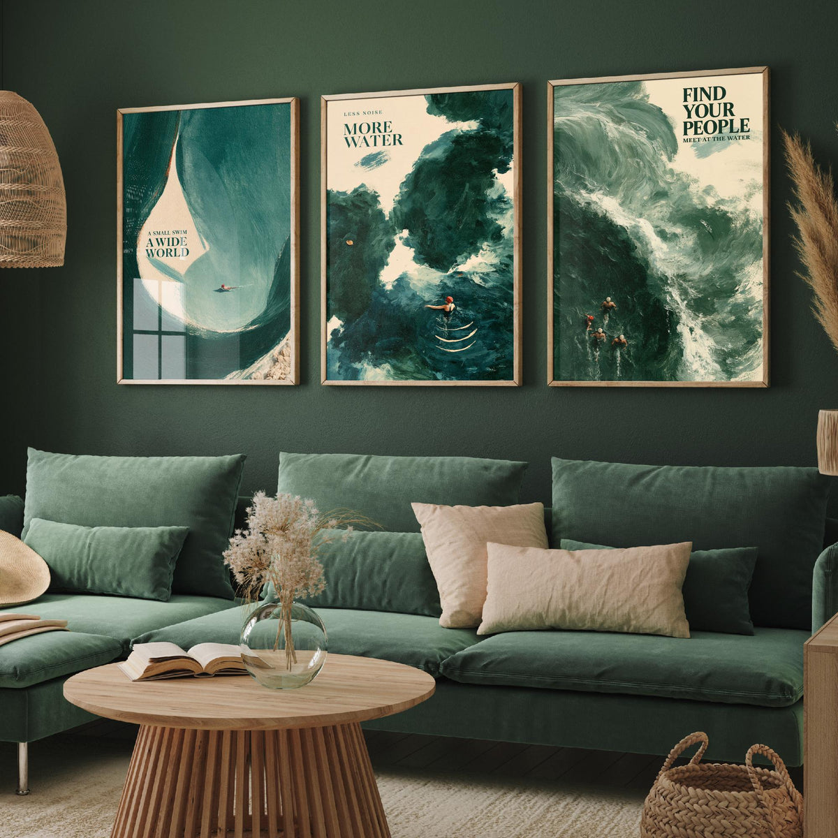 Wild Swimming Set of Three Art Prints - Small Swim Wide World, Less Noise More Water, Find Your People - Tidewash Sea Painting Posters V2