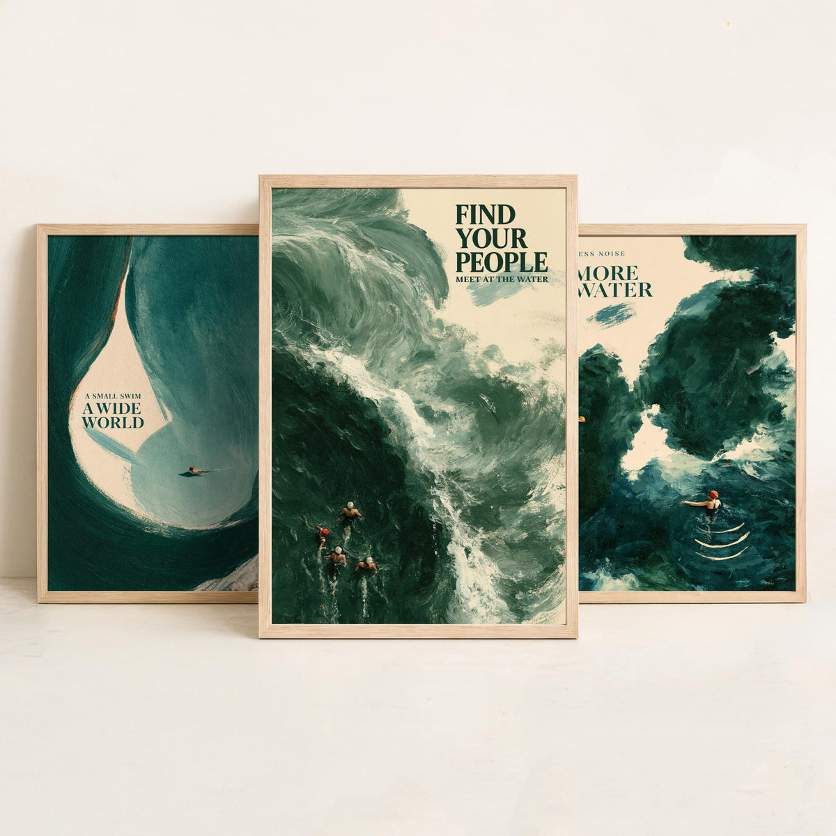 Wild Swimming Set of Three Art Prints - Small Swim Wide World, Less Noise More Water, Find Your People - Tidewash Sea Painting Posters V2