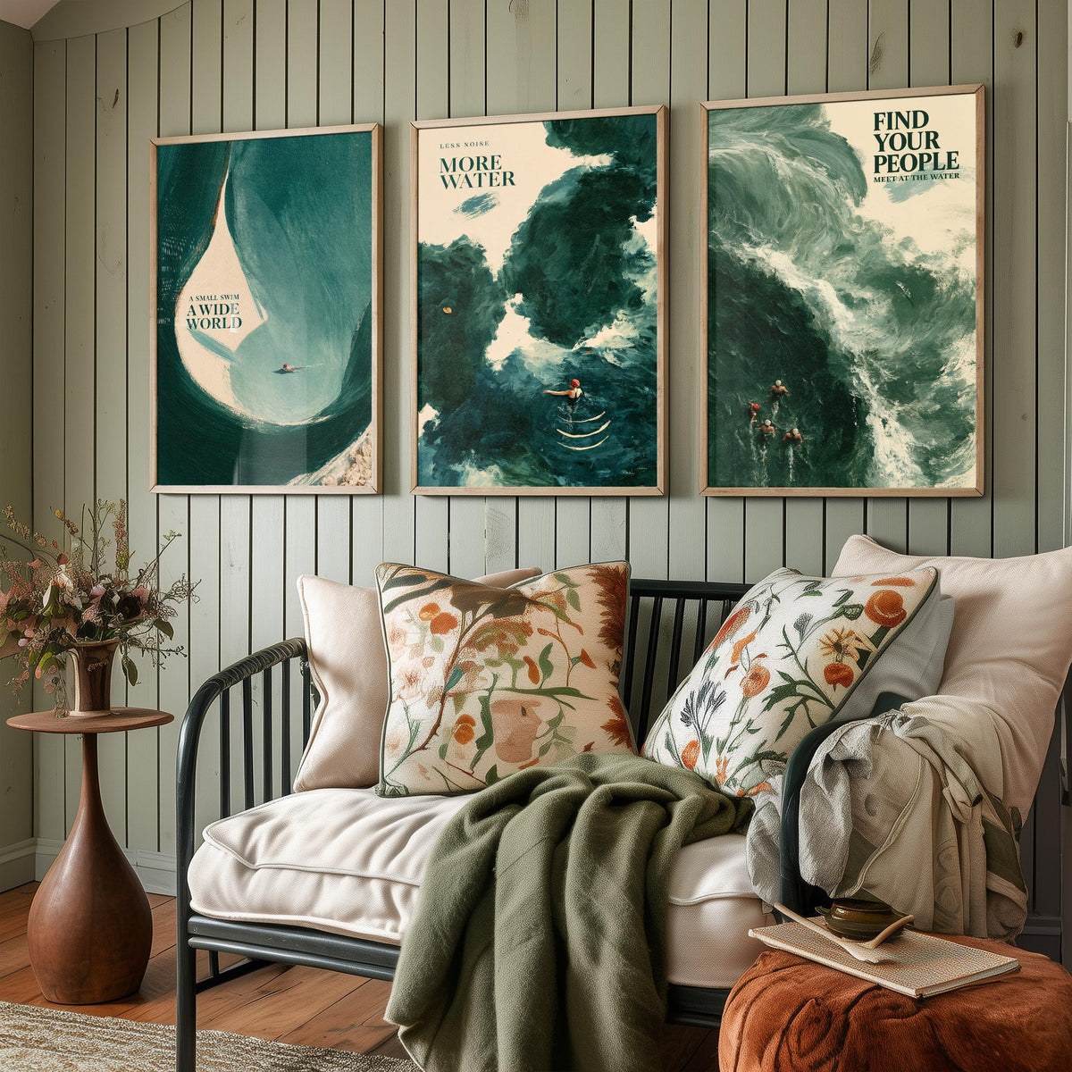 Wild Swimming Set of Three Art Prints - Small Swim Wide World, Less Noise More Water, Find Your People - Tidewash Sea Painting Posters V2