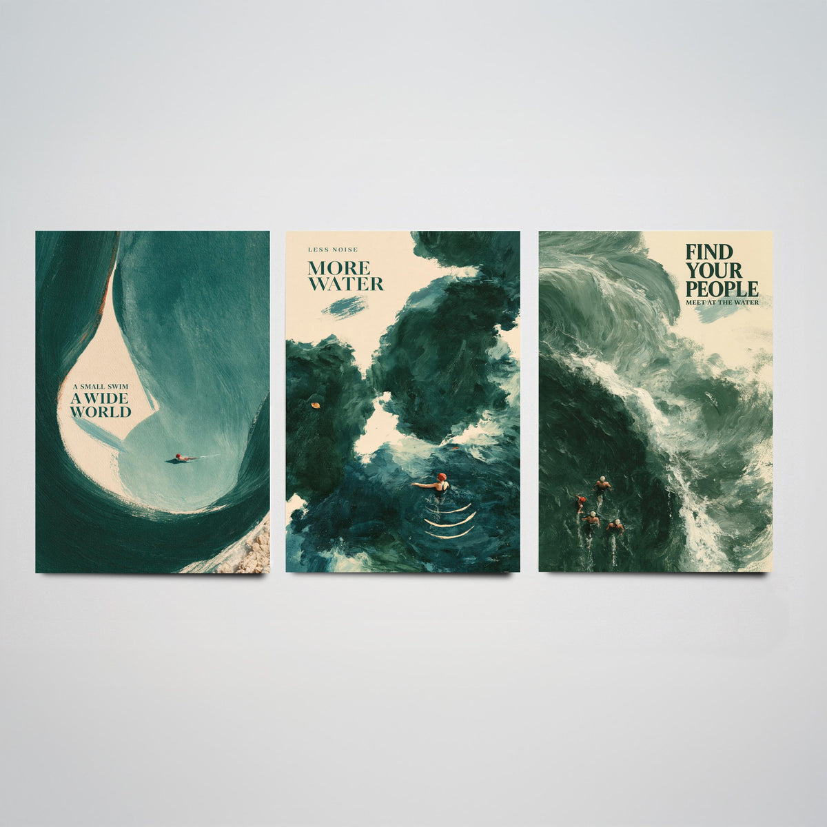 Wild Swimming Set of Three Art Prints - Small Swim Wide World, Less Noise More Water, Find Your People - Tidewash Sea Painting Posters V2