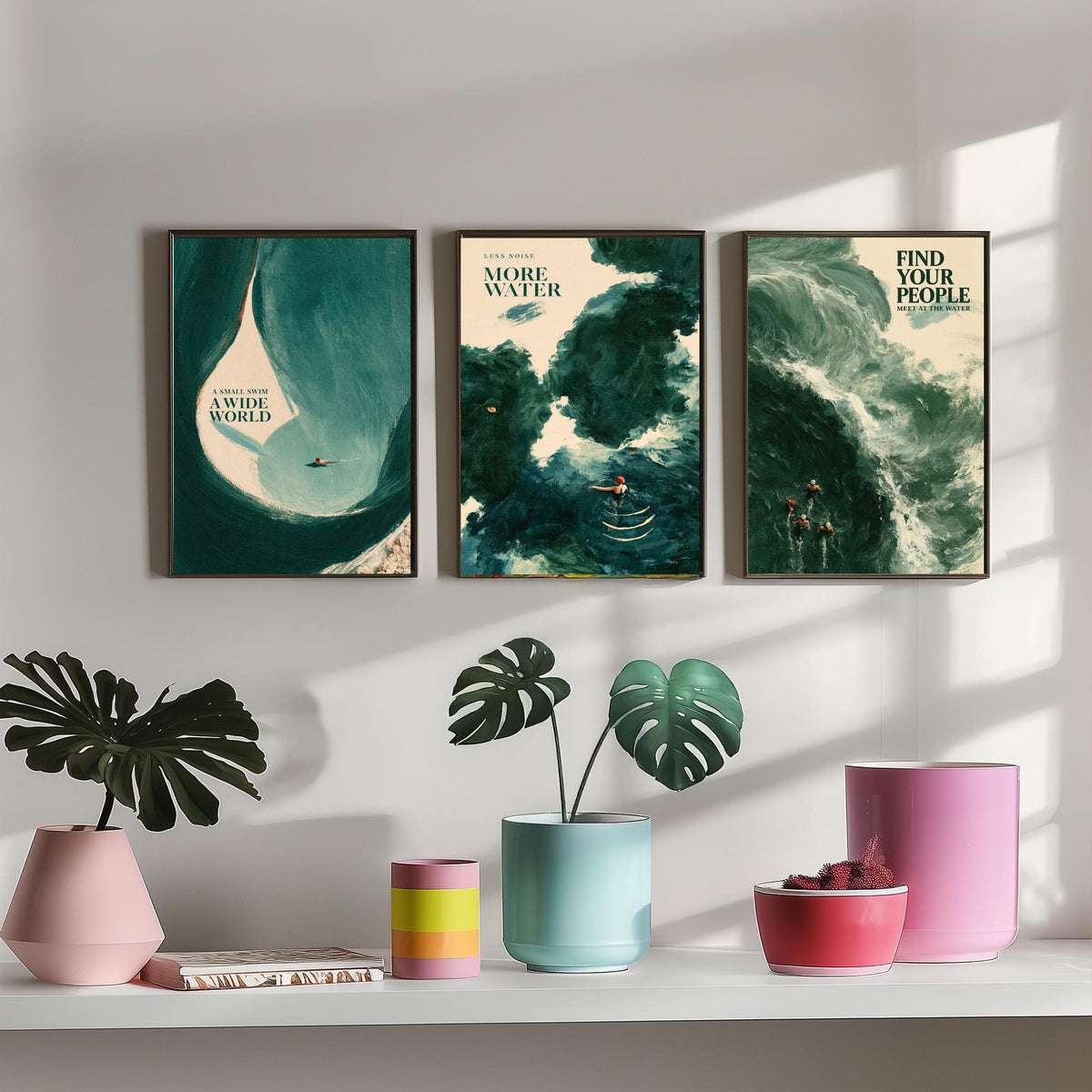 Wild Swimming Set of Three Art Prints - Small Swim Wide World, Less Noise More Water, Find Your People - Tidewash Sea Painting Posters V2