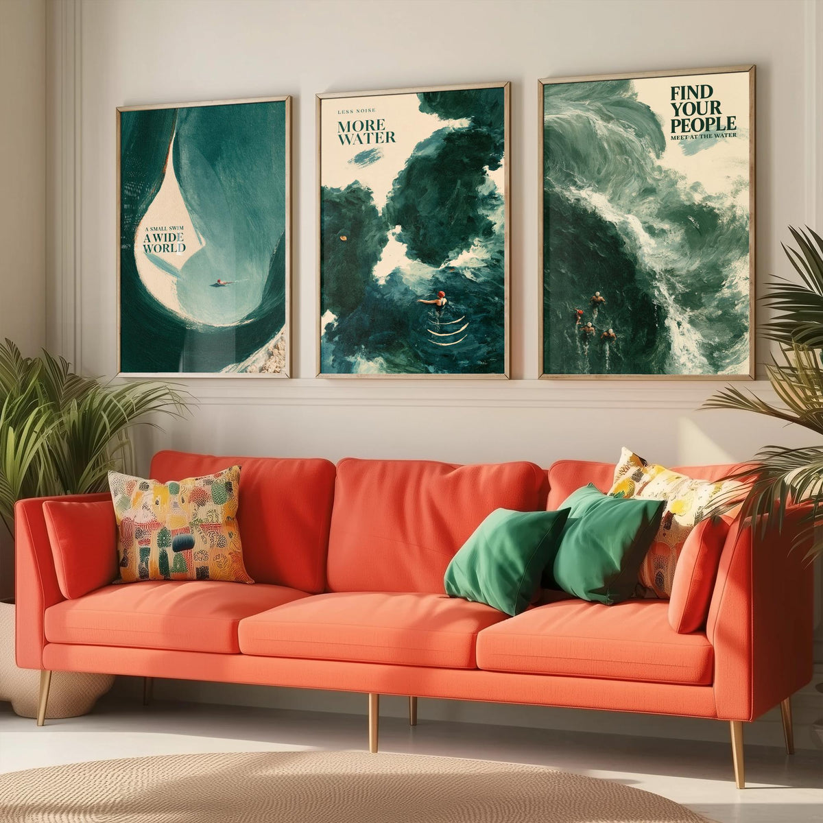 Wild Swimming Set of Three Art Prints - Small Swim Wide World, Less Noise More Water, Find Your People - Tidewash Sea Painting Posters V2